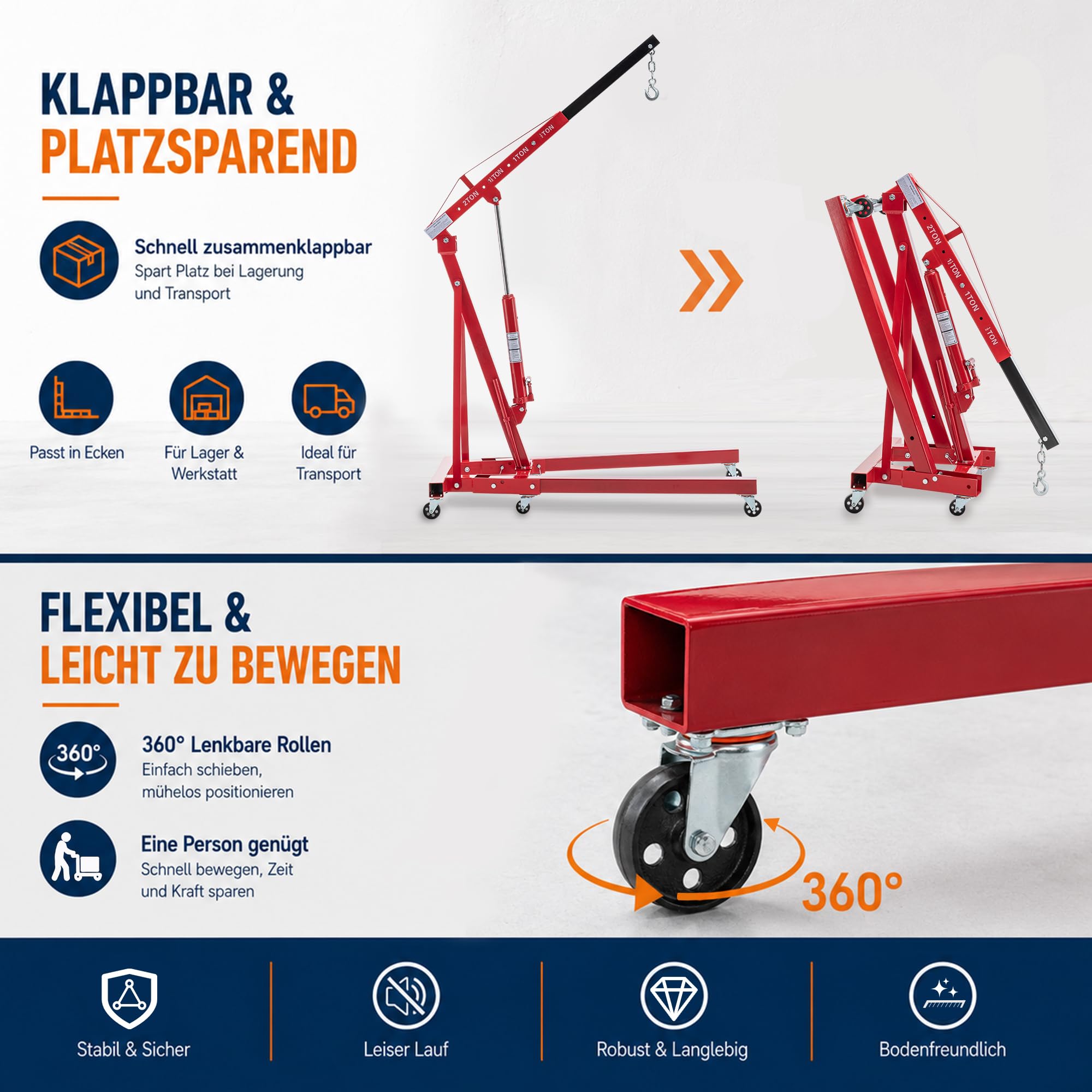 Hydraulik Hebebock 2 Tonnen, Klappbarer Teleskop-Hubwagen Mit 4-Stufen Ausleger (30-230cm), 360° Lenkrollen, Werkstattheber Für Auto-Reparatur, Baustelle, Lager
