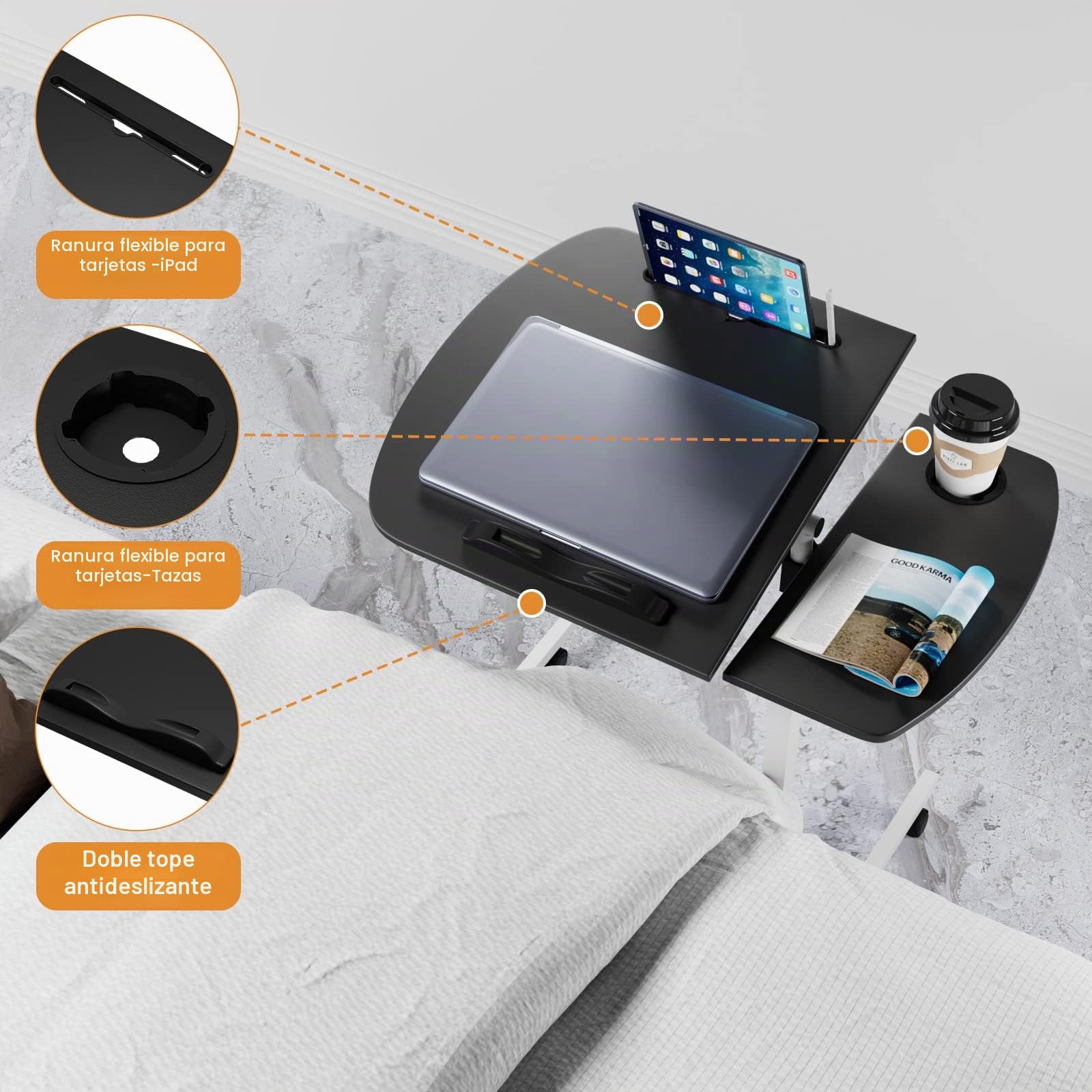 Escritorio Con Ruedas, 60x40cm Altura Ajustable, Flip 180° y Rotación 360°, Ranura Para Taza, Soporte de Lectura, Mesa Auxiliar Para Cama Sofá, Negro