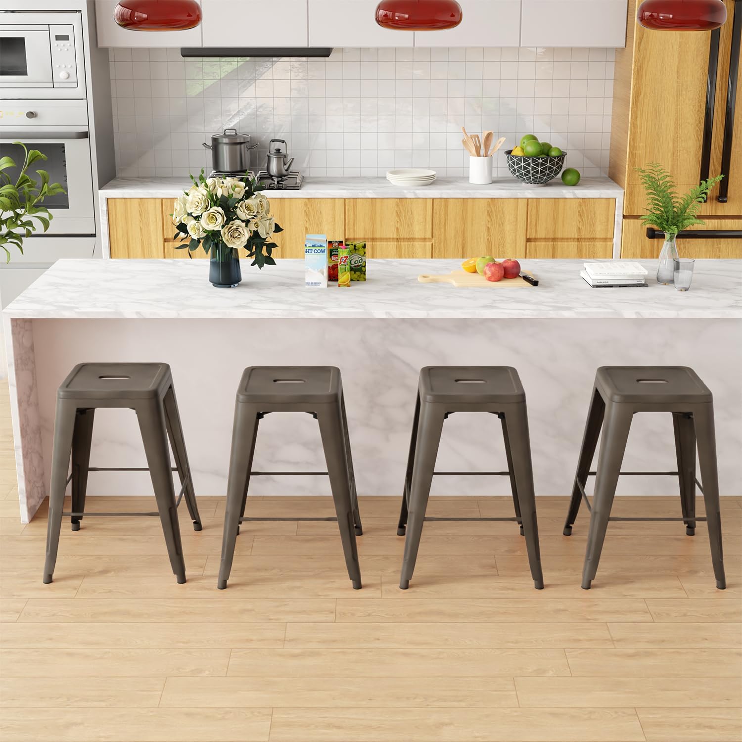 Generic 24 Inches Metal Bar Stools Outdoor Stools Bar Height High Backless Stools Indoor Stackable Kitchen Stools Set of 4 Metal Dining Chairs for