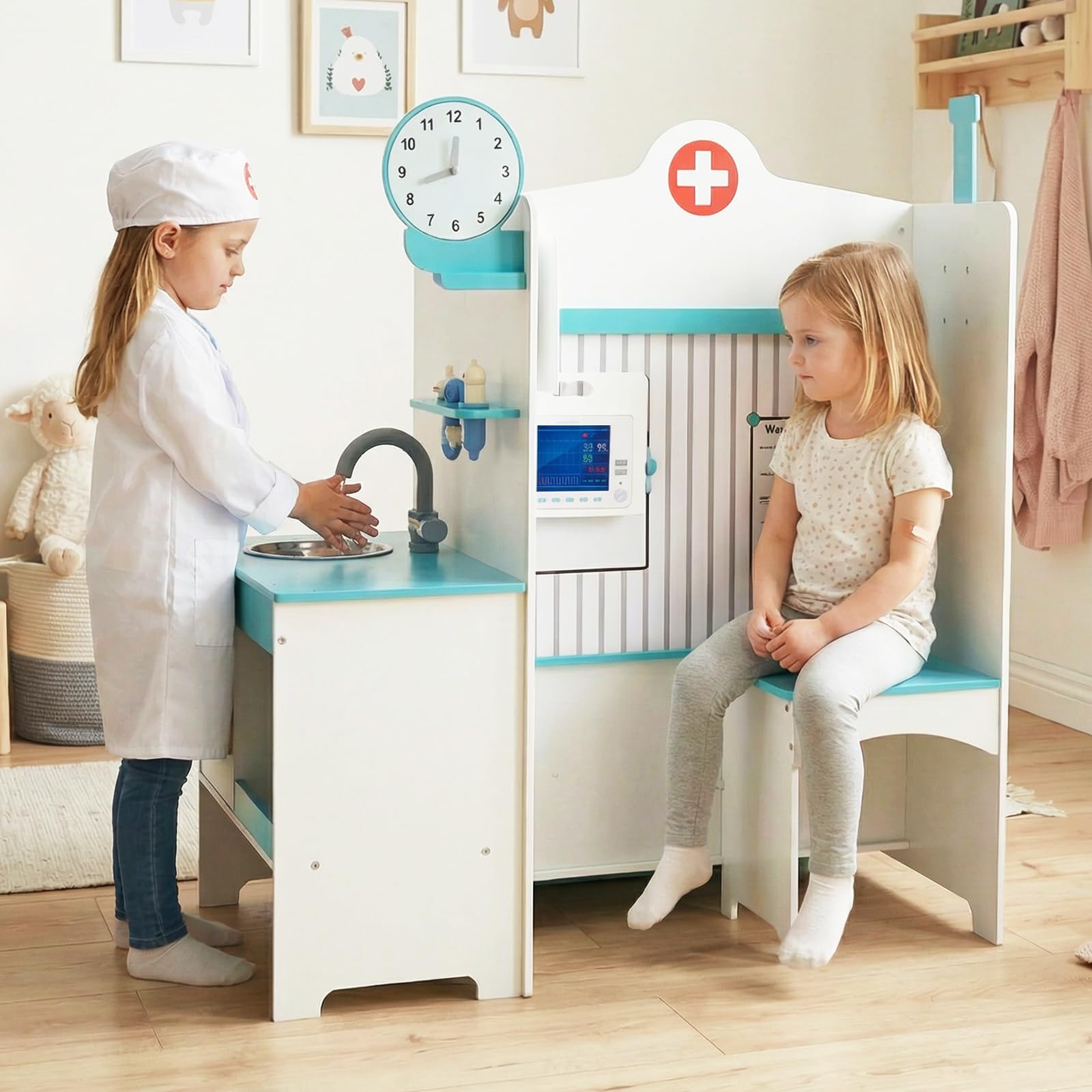 DREAMADE Doktor Spielset Holz, Krankenhaus Spielzeug für Kinder | Arztkoffer Arzt Rollenspielzeug mit Untersuchungszimmer & Waschbecken, Medizinisches Zentrum mit Check-in & Wartebereich