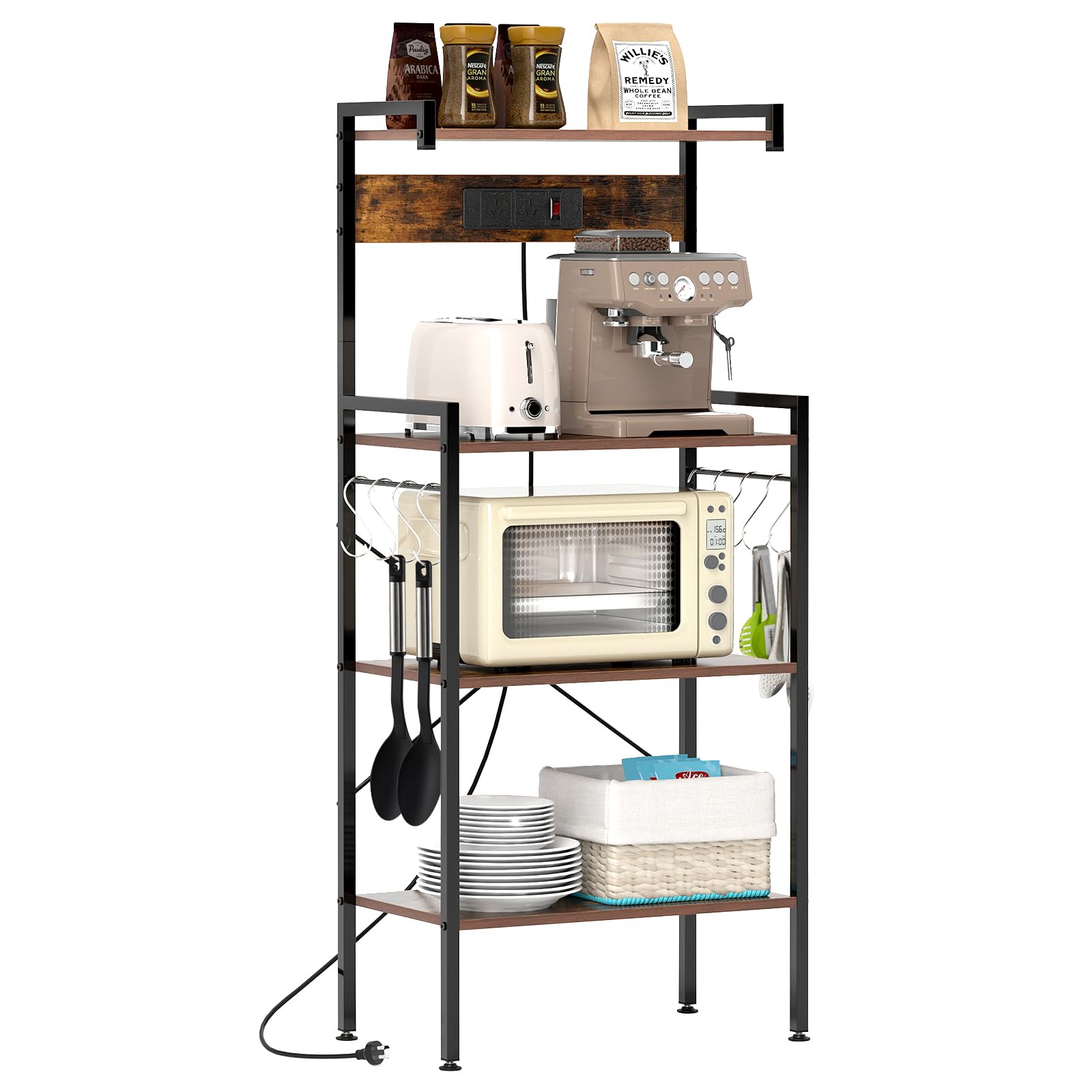 VOVALA Keuken Bakkersrek, Magnetron Oven Standaard met Bamboe Frame, 90cm Koffiebar met Draadmand & 6 Haken, 3-Tier Keuken Opbergplank Stand voor Keuken, Woonkamer, Kantoor (Zwart