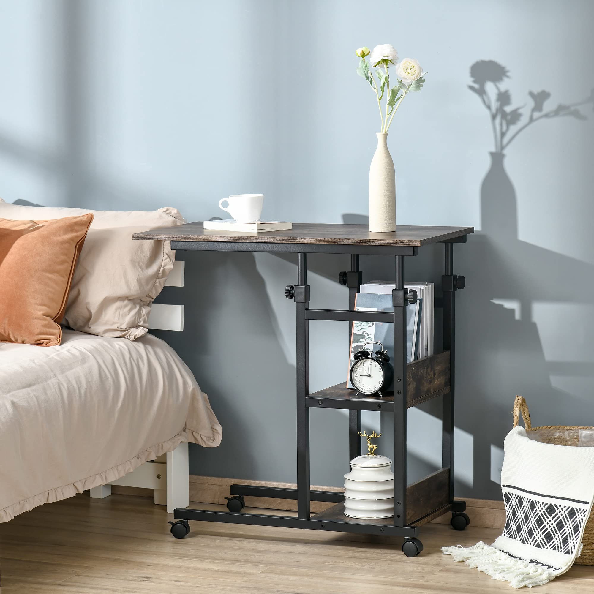 HOMCOM bijzettafel, salontafel met wielen, in hoogte verstelbaar