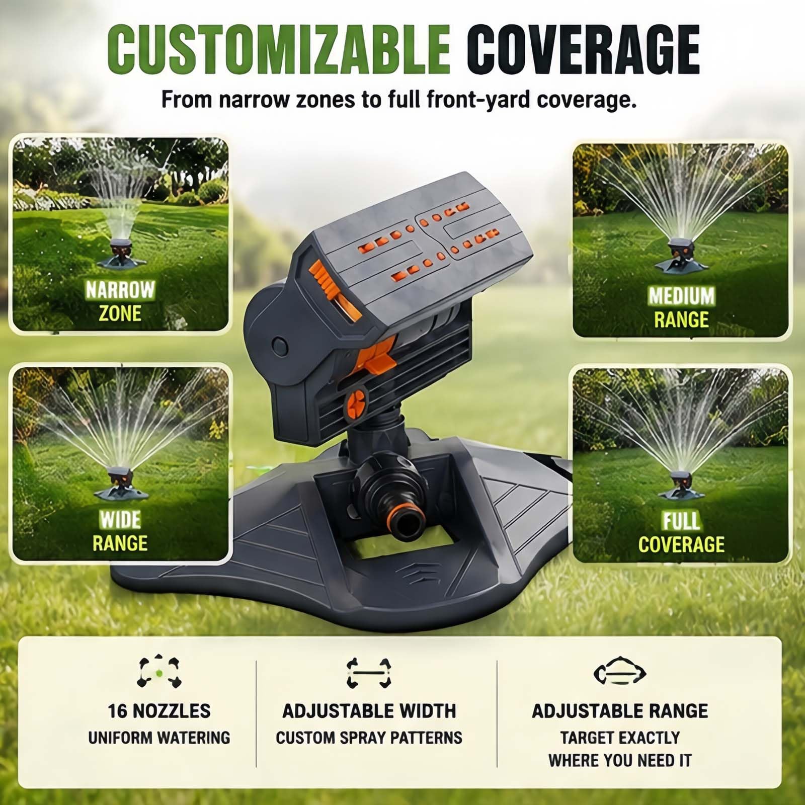 2026 Verbesserter oszillierender Sprinkler mit 16 Düsen, automatischer Schwung, verstellbarer Rasensprenger, Turbo-Nebelsystem, breite Abdeckung für Garten und Hof (2A)
