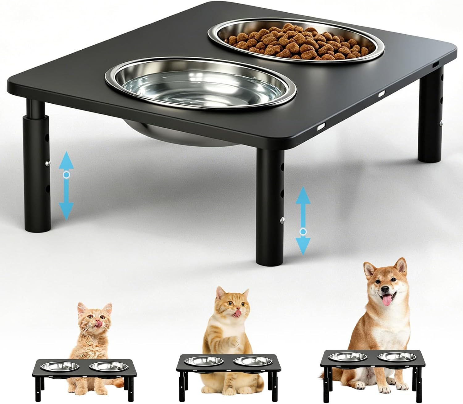 Adjustable Elevated Cat Bowls,6°/12° Tilted Cat Bowl Stand Anti-Vomiting | 3 Heights,Raised Cat Food and Water Bowl Set with Metal Stand,2 Stainless Steel Bowls for Cats and Puppy