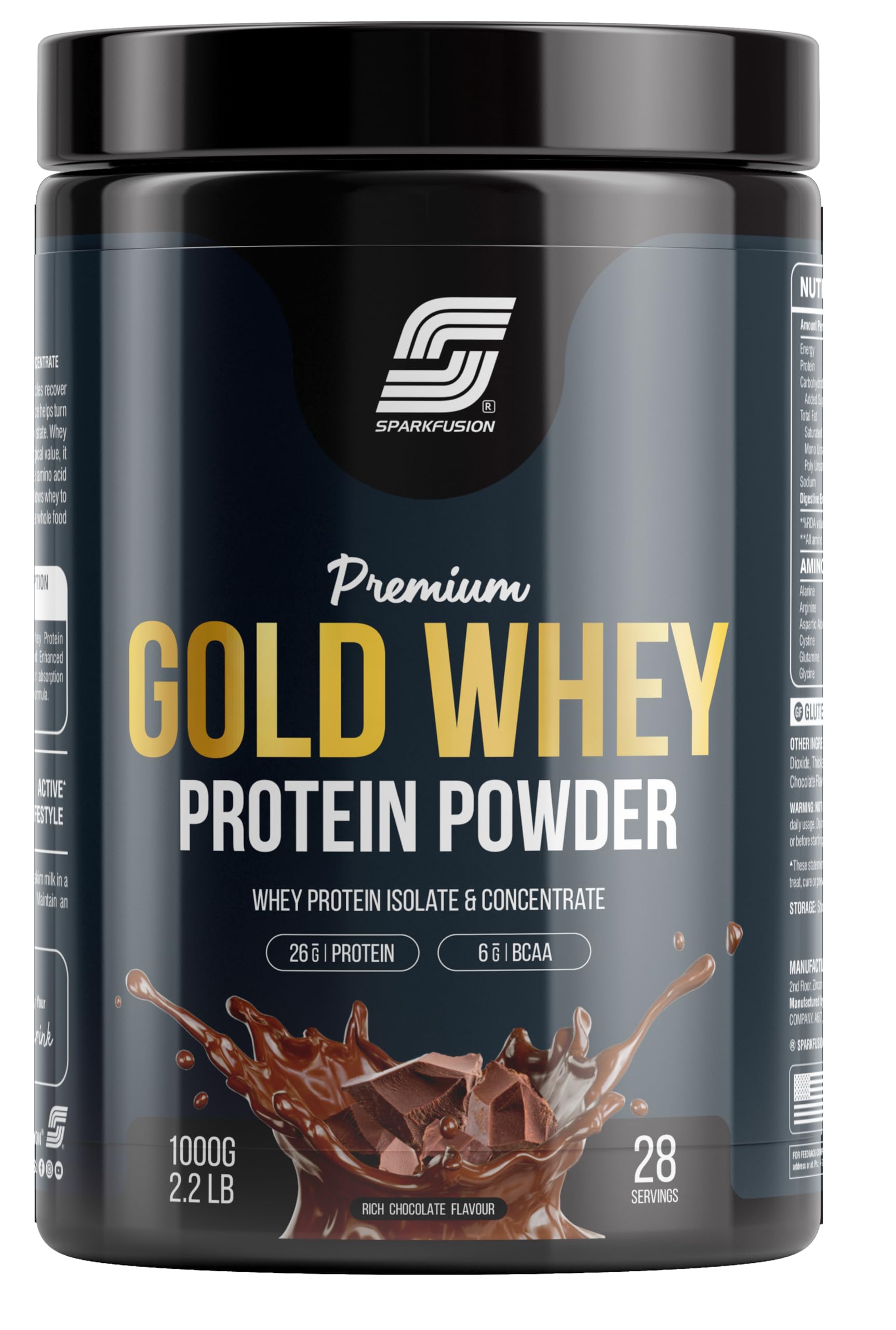 Sparkfusion Premium Gold Whey Protein Isolate | 26g Protein,6g BCAA per Serving | Easy Mixing, Low Carbs, Easy Digesting | For Muscle Building & Recovery (Rich Chocolate, 1 kg (Pack of 1))