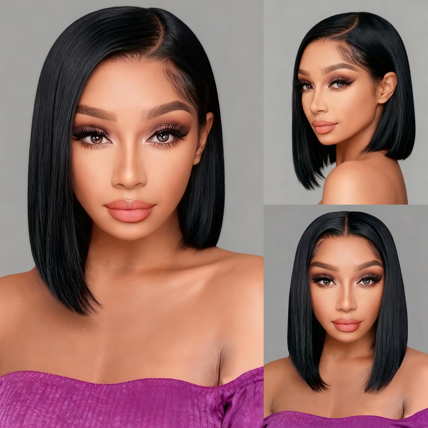 Bob Wig Human Hair 13x4 Lace Front Wigs Human Hair Pre Plucked 14 Inch Straight HD Lace Frontal Short Glueless Wigs for Women with Baby Hair 180% Density Natural Black Color