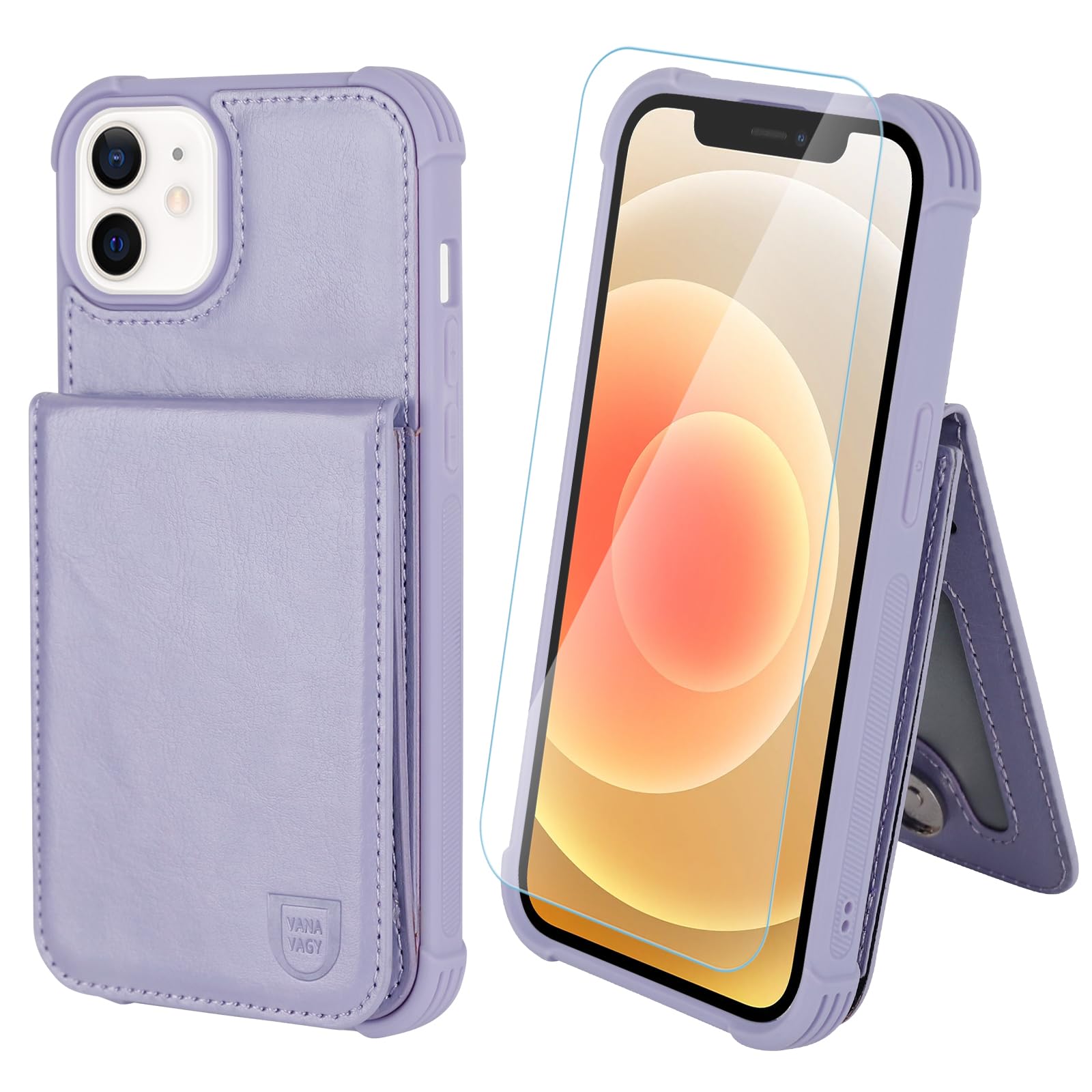 VANAVAGY Compatible for iPhone 12/12 Pro Wallet Case for Women Men, Faux Leather Magnetic Clasp Flip Phone Cover with RFID Blocking Card Holder Coin