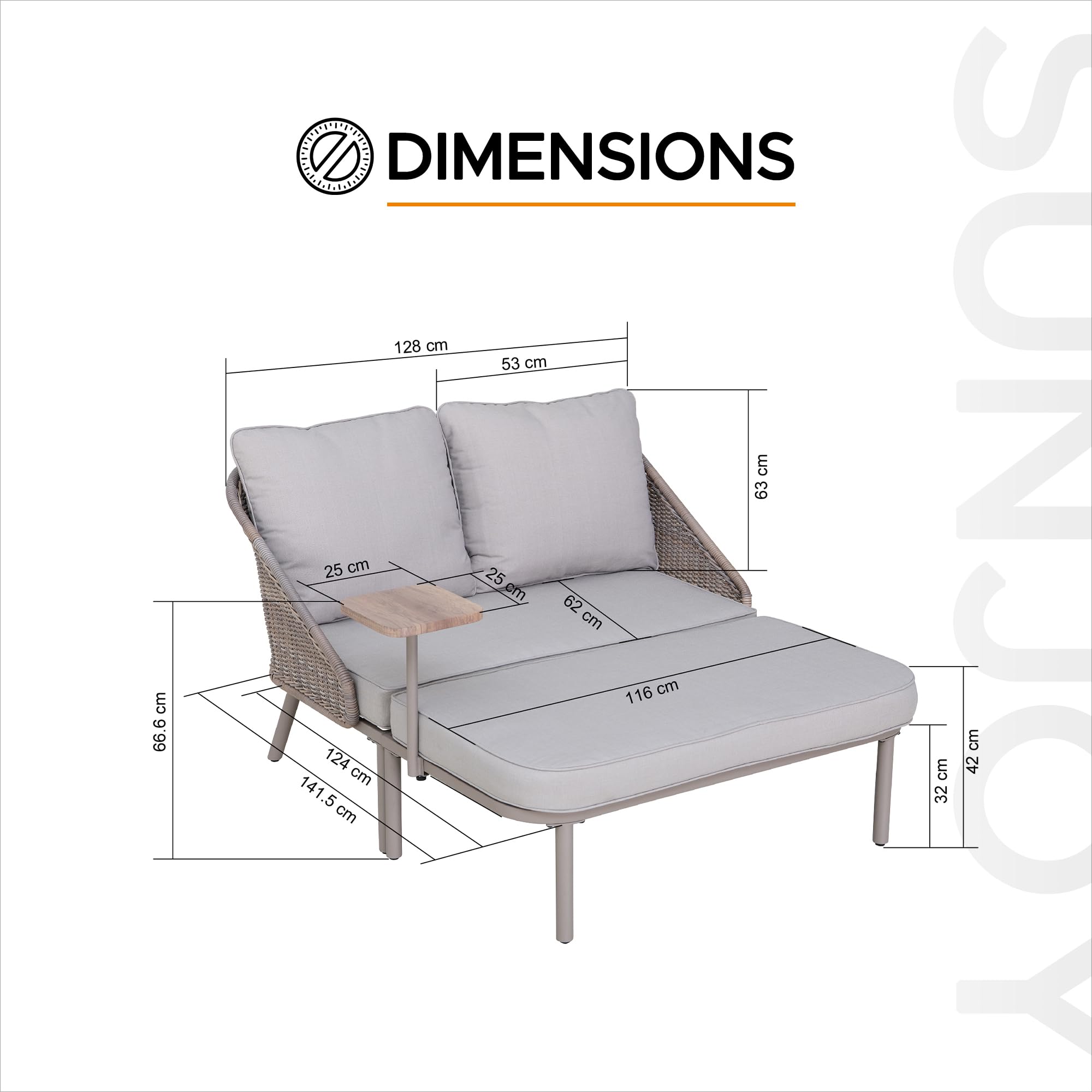 Sunjoy Lit Baningue Double d'Extérieur, avec Plateaux Latéraux et Coussins, Dossier en Rotin, Structure Métallique, Ensemble Canapé pour Bord de Piscine, Jardin - Gris