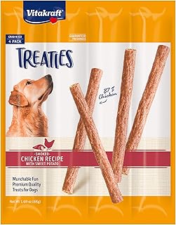 Vitakraft Treaties Dog Chew Sticks - Chicken and Sweet Potato - Treats Made with 87% Chicken - Soft Dog Jerky Treats - Dog Chews No Rawhide, 4-Sticks