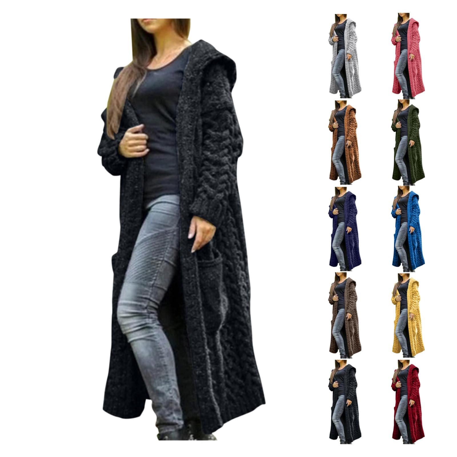 JiXiang Chunky Cardigan Sweaters for Women Open Front Hooded Cable Knit Oversized Long Trendy Warm Fall Winter Coats
