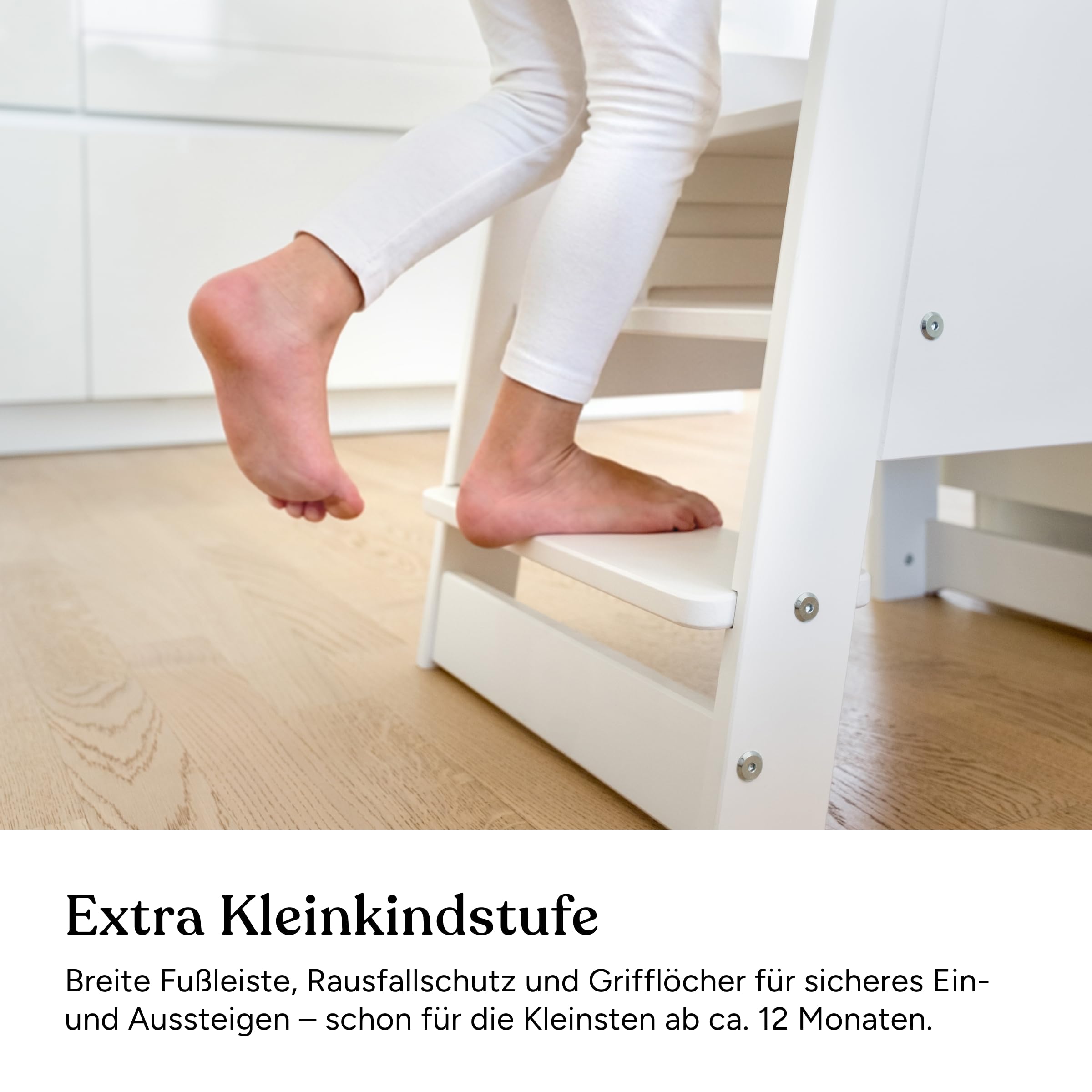 Ehrenkind® Lernturm mit Kleinkindstufe, höhenverstellbar 3-Fach, Montessori Küchenturm für Kinder ab ca. 1 Jahr, FSC®-zertifiziertes Buchenholz, Kitchen Helper, belastbar bis 40 kg, Klarlack