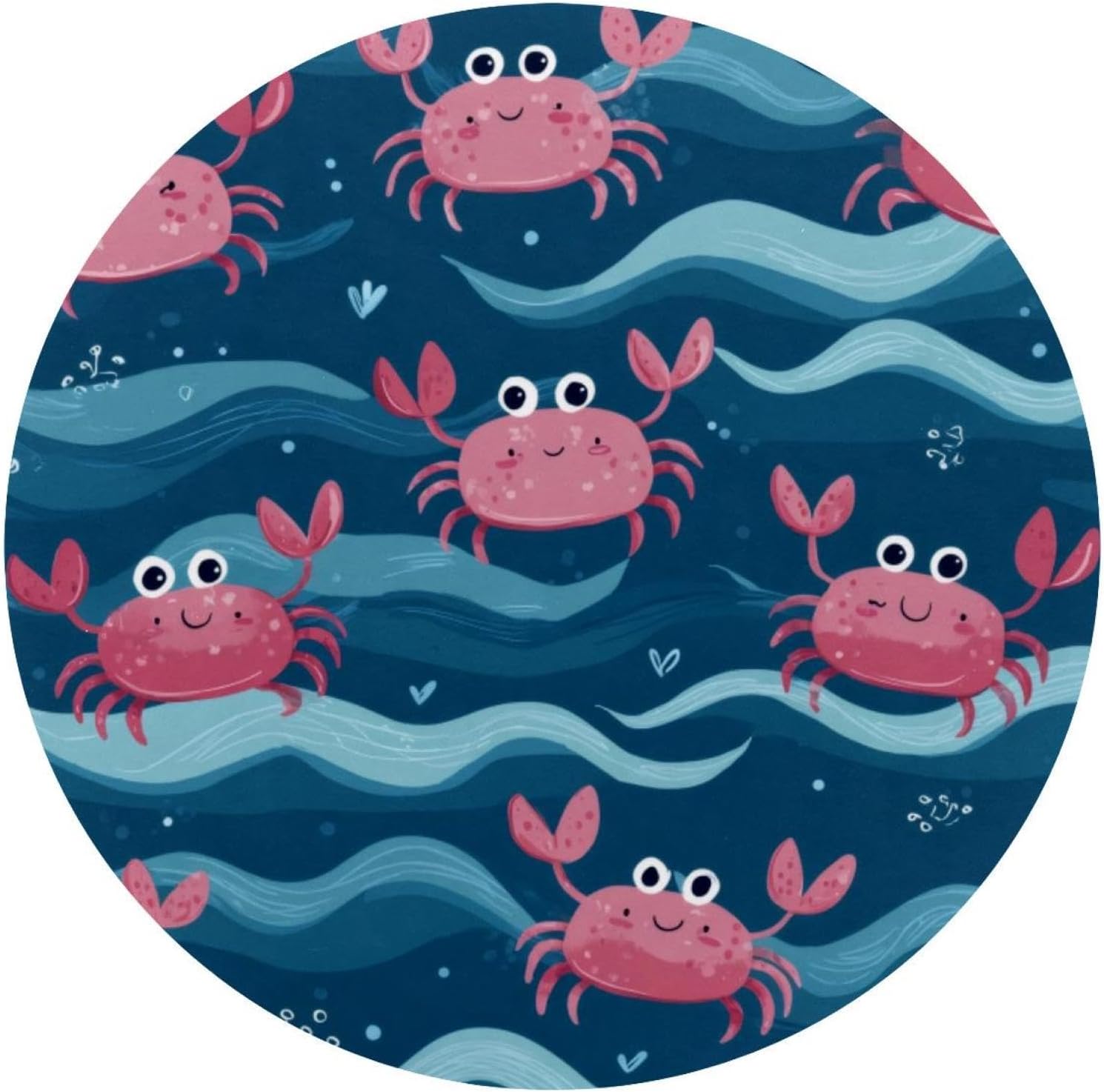 Round Mouse Pad for Women Men, 10’’ Round Desk Pad Mousepad Non-Slip Rubber Base, Office Home Laptop Accessories, Cute Funny Pink Crabs on Blue Sea Waves