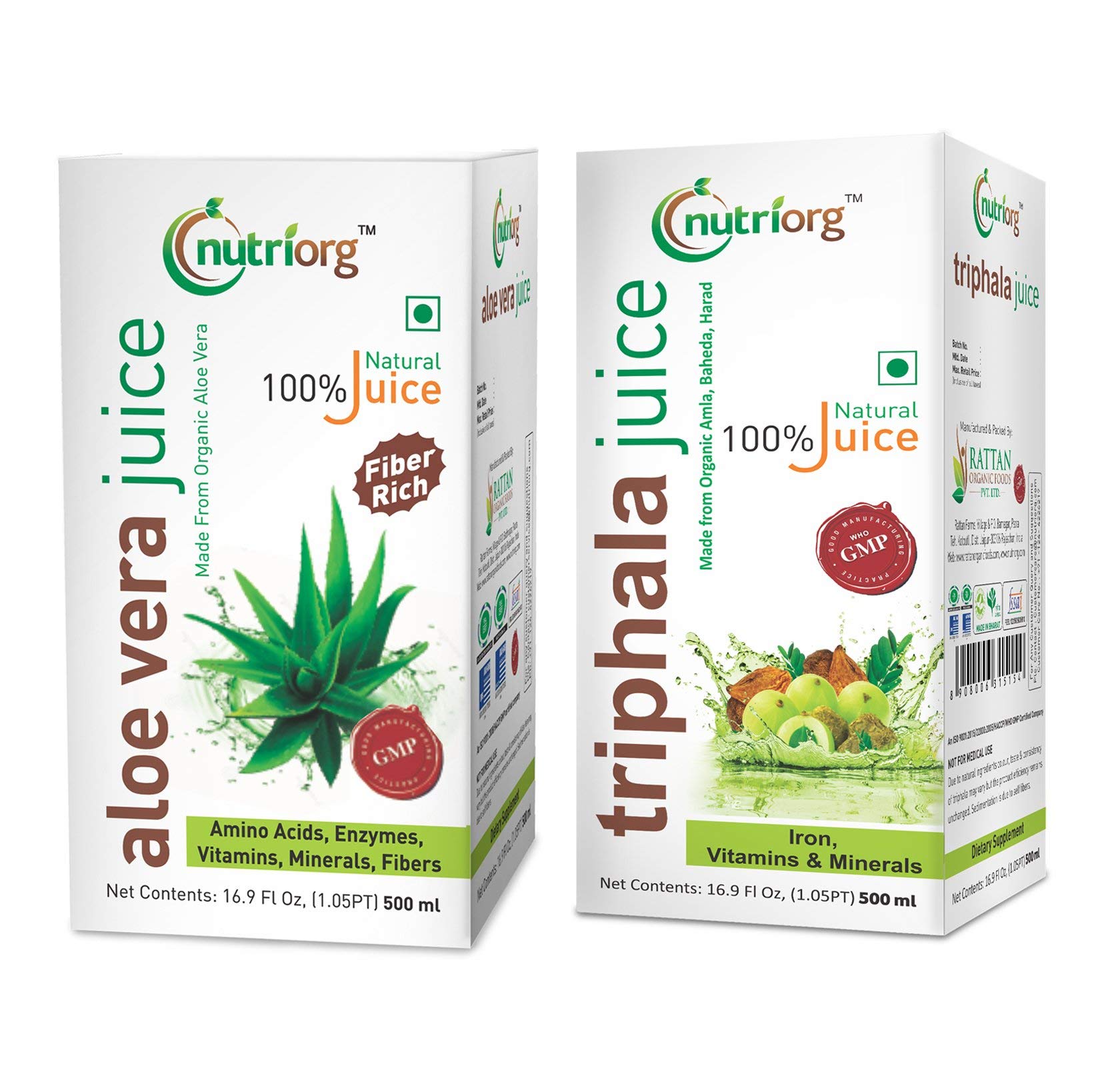 nutriorgAloe Vera & Triphala Juice 500 ml ( Combo of 2) | Digestive Care | Rejuvenates Skin & Hair