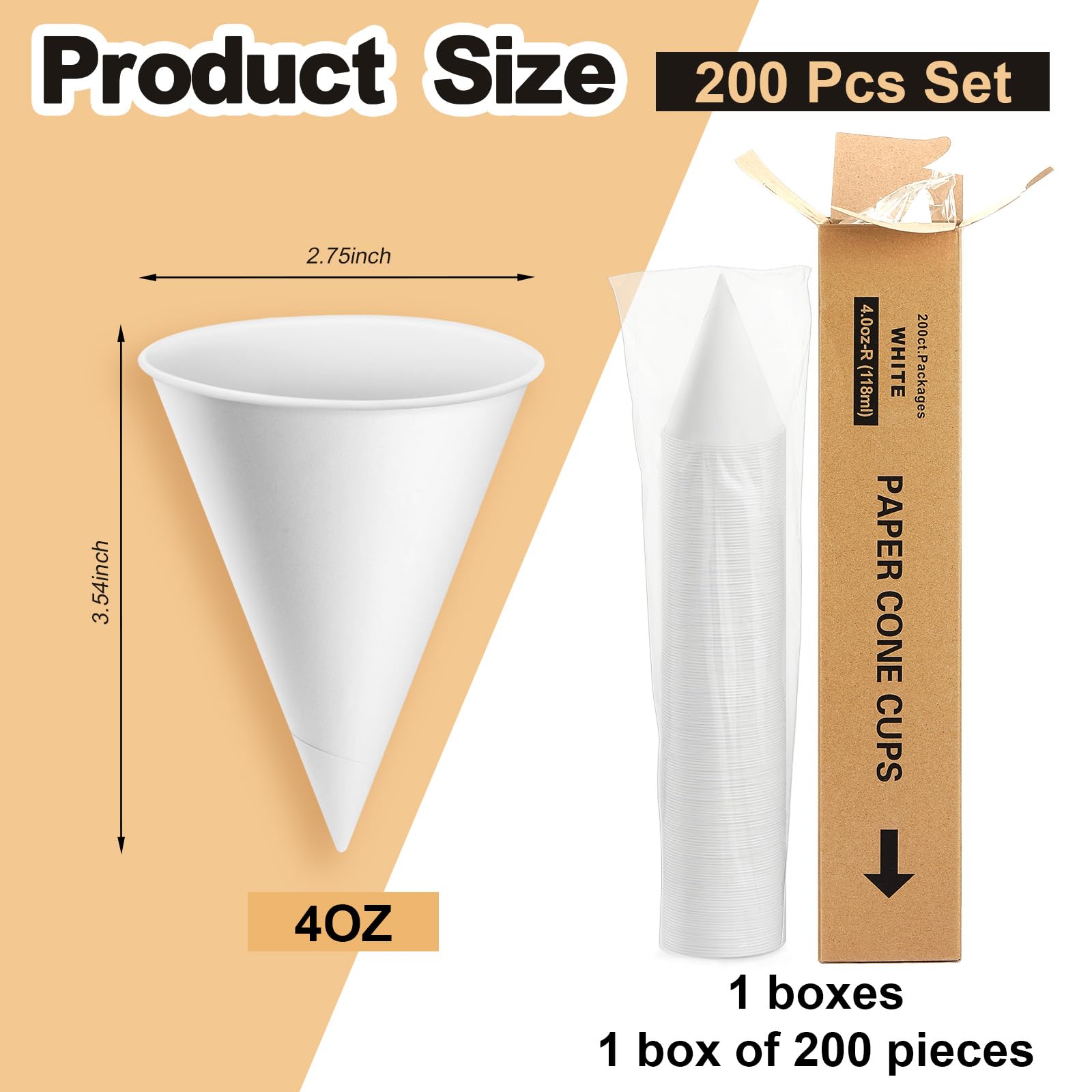 Roshtia 200 vasos de cono de papel, vasos de cono gruesos para hielo afeitado, granizados y dispensador de enfriador de agua, color blanco (4 onzas)