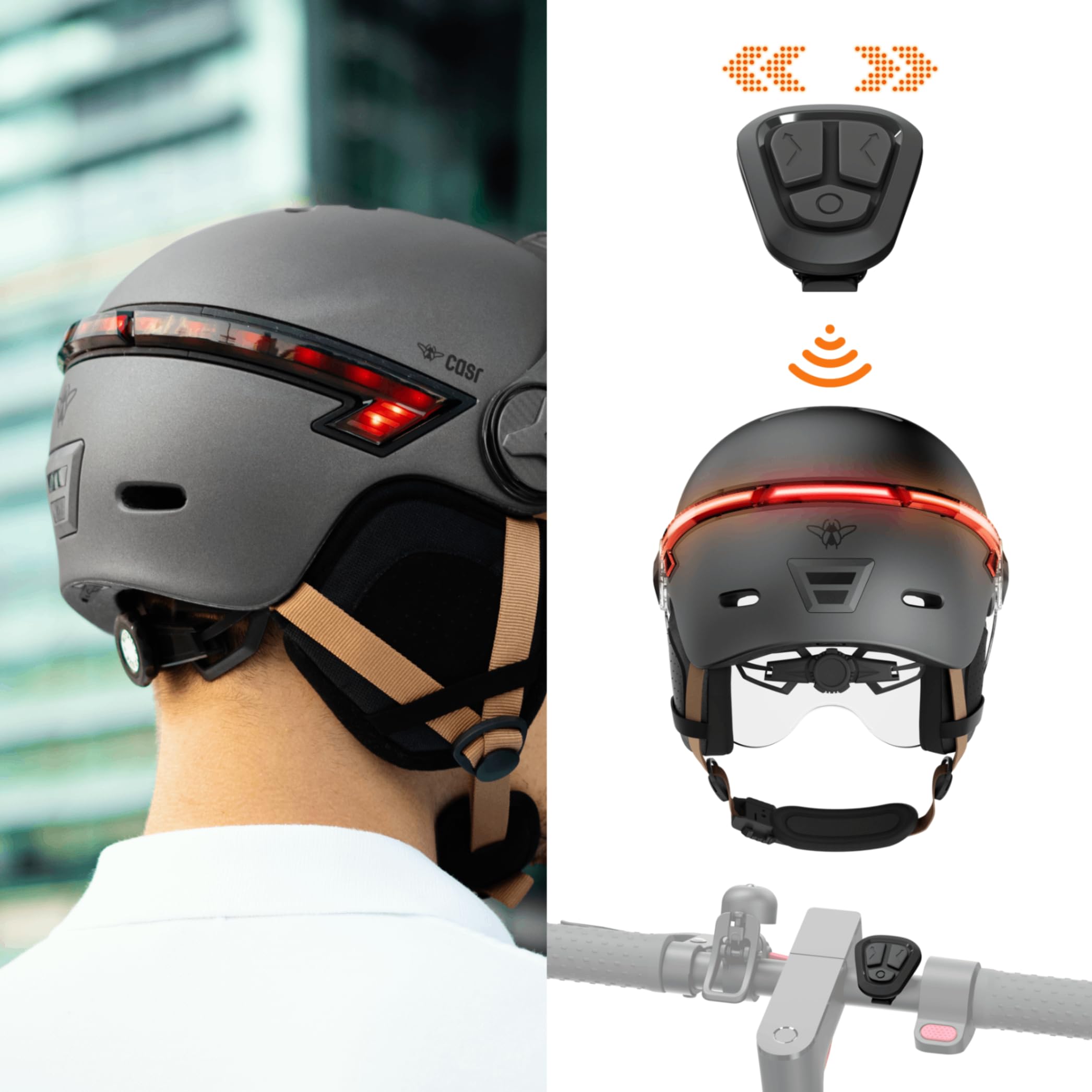 CASR Glow Casco LED per bici e monopattino Visiera XL copriorecchie rimovibili frecce posteriori telecomando