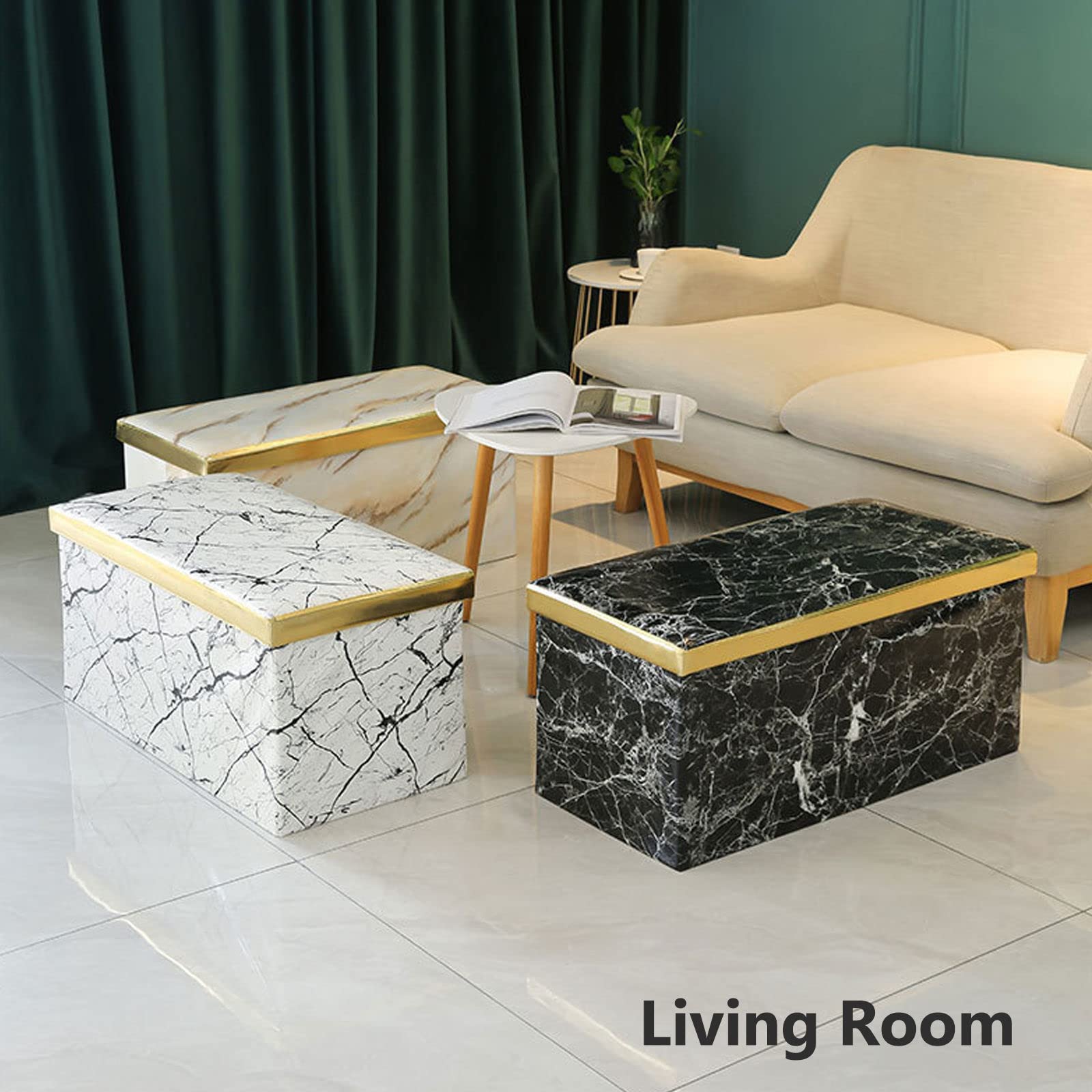 Banco plegable con almacenamiento, reposapiés tapizado de poliuretano para libros, revistas, almohadas y mantas, elegante diseño floral blanco para dormitorio, sala de estar, entrada y oficina, 23.6 x