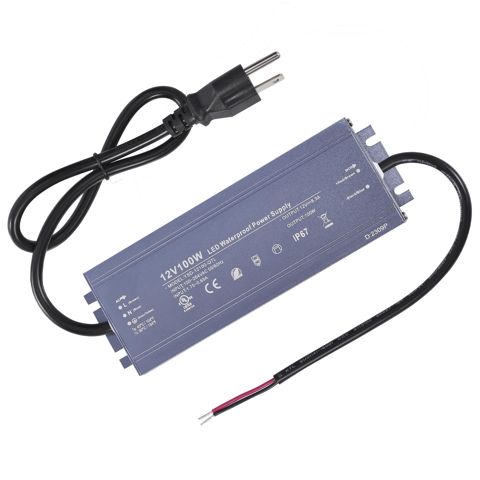 12V 100 Watts LED Driver Waterproof IP67 Power Supply Transformer Ultra Thin Adapter AC 100-264V to 12V DC 8.3A Low Voltage Output with 3-Prong Plug for Outdoor LED Light,Computer Project,3D Printer