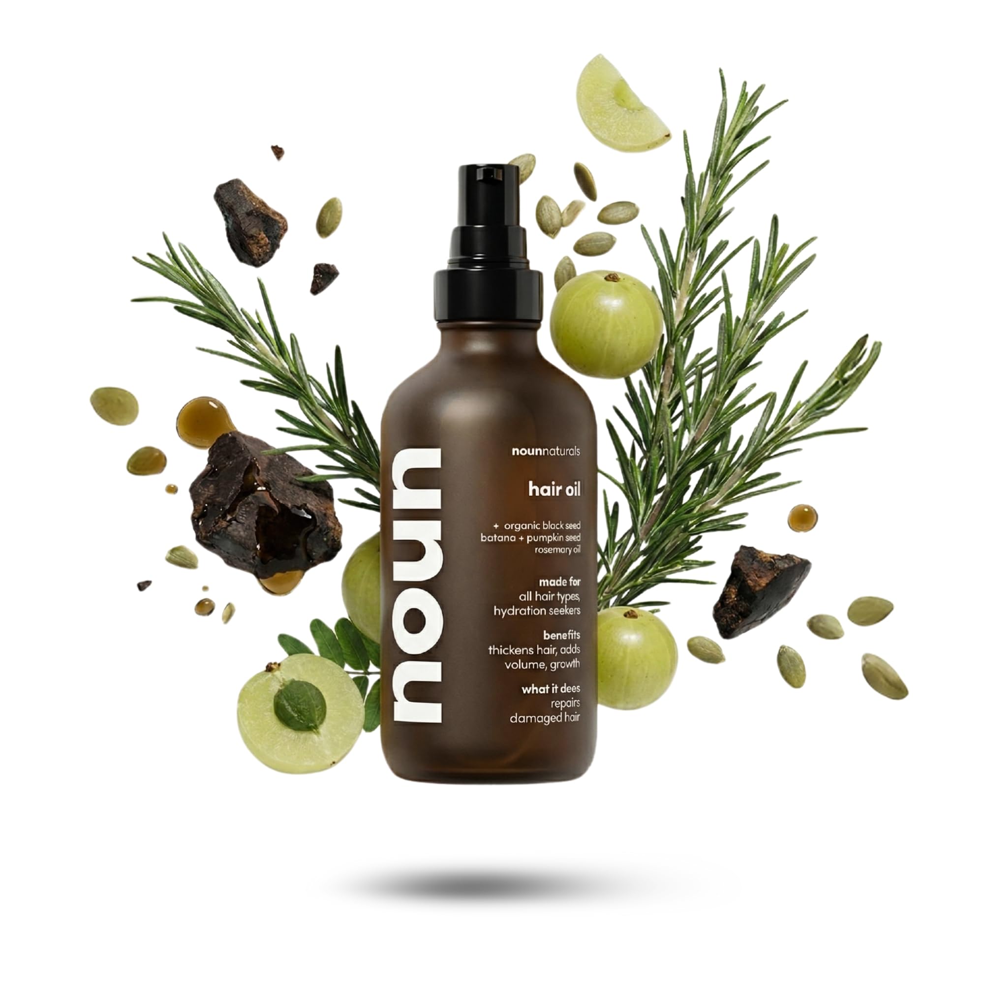Noun Naturals Hair Growth Oil - Nourish Dry and Thin Hair with Amla, Blackseed, Castor, Rosemary, Argan & Essential Oils | 3.8 OZ | Fragrance-Free