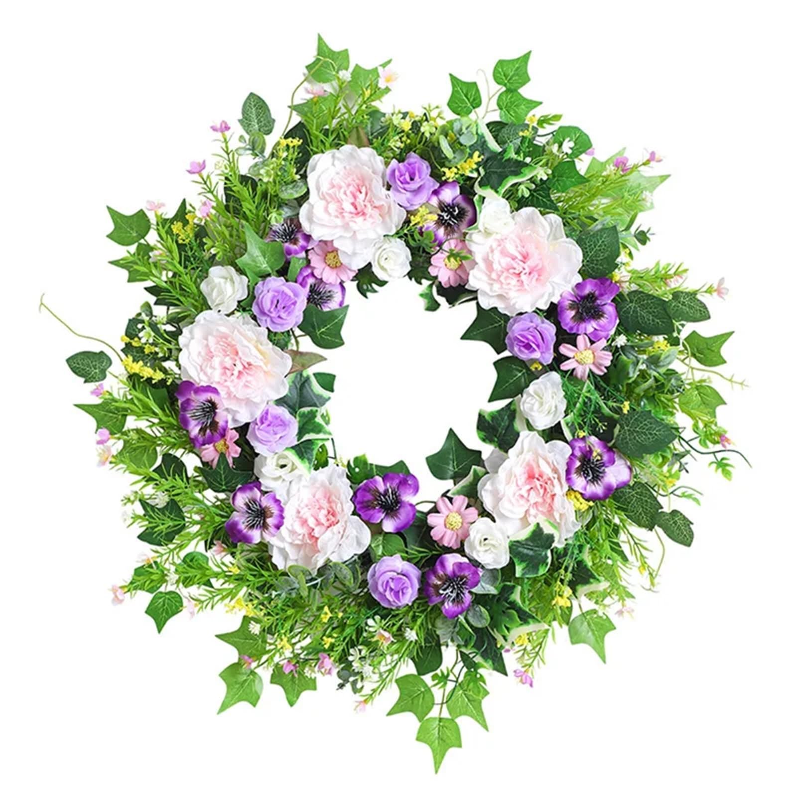 Door Wreath Spring Summer Vivid Flowers Wreath For Front Door 18inch Artificial Daisy With Greenery Wreaths Home Farmhouse Decor(Color-04)