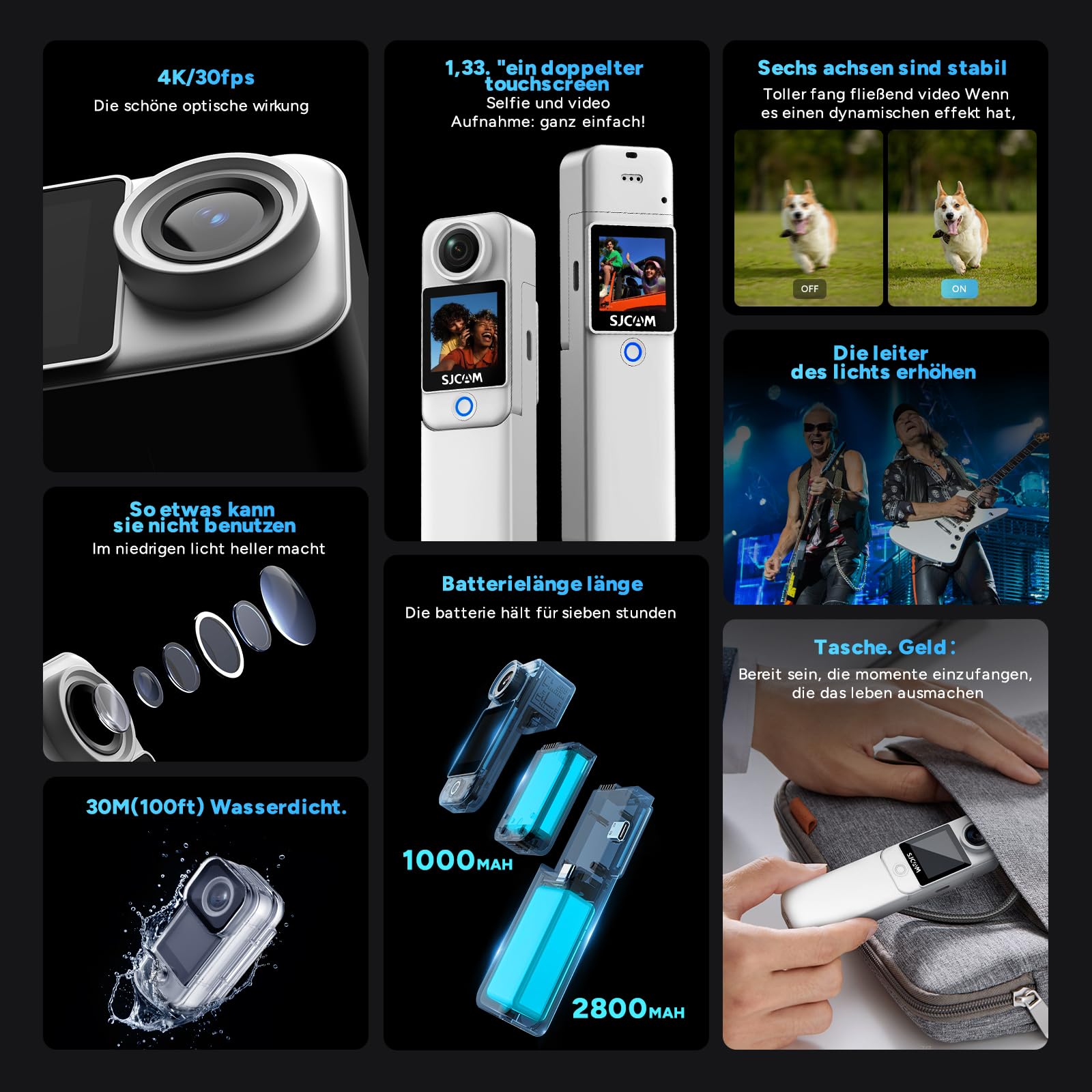 SJCAM C300 Pocket vlog Kamera 4K, 7-Stunden Akkulaufzeit, 6-Achsen-Stabilisierung, Dual-Touchscreen-Körperkamera,30 Meter wasserdicht, für Vlogging und YouTube-Live-Streaming