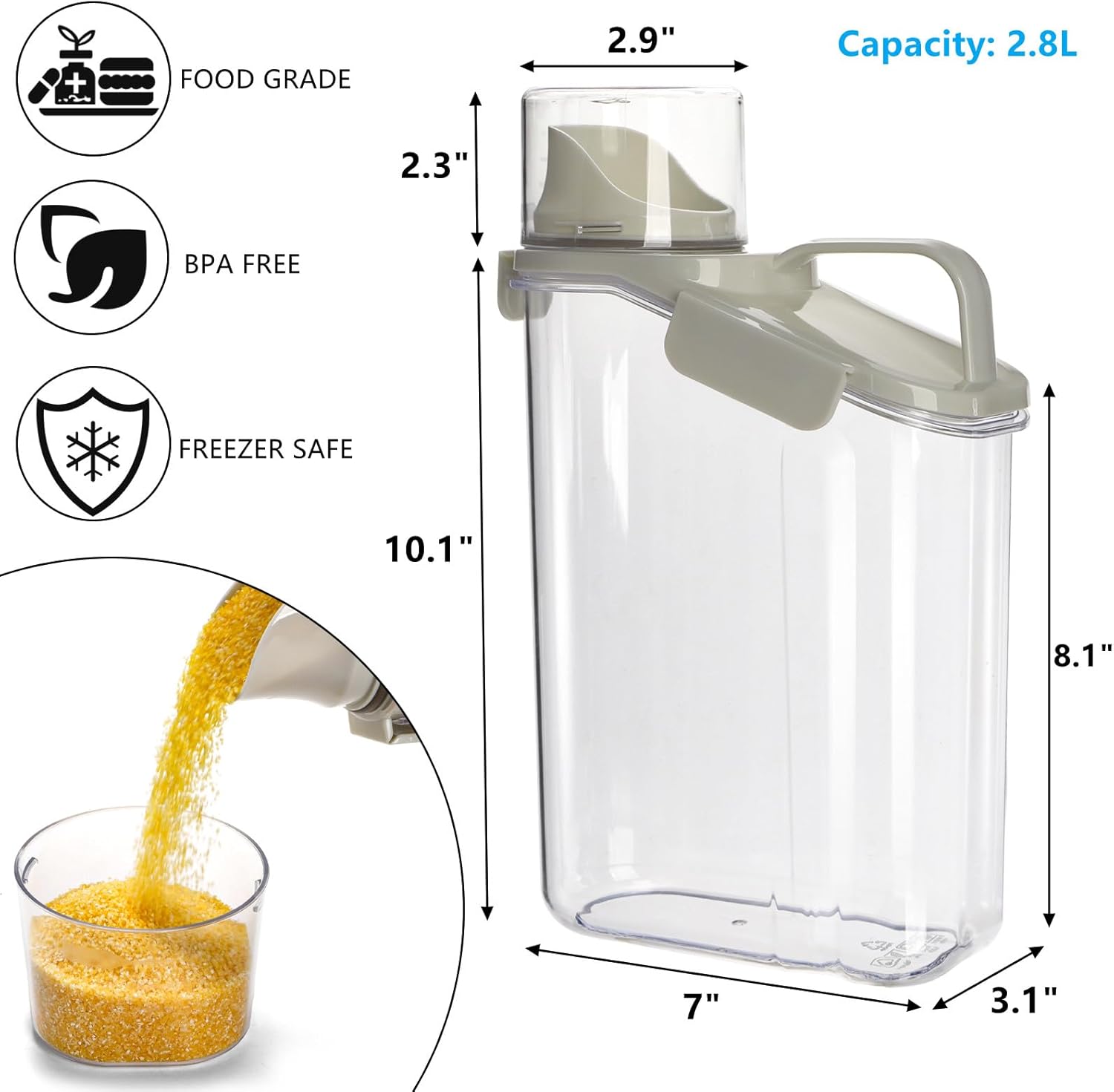 DEAYOU 2 Pack Bird Seed Storage Container, 3 Qt/2.8 L Airtight Cereal Storage Bin with Pour Spout and Measuring Cup, BPA Free Plastic Water Pitcher with Handle for Rice, Grain, Flour, Pet Food
