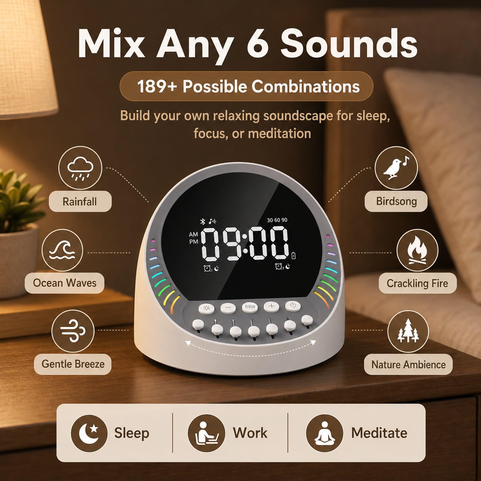 Máquina De Sonido Inteligente De Ruido Blanco Con Altavoz Inalámbrico Bluetooth, Luz Nocturna Ambiental De Colores Dinámicos Y Reloj Despertador Digital; Sonidos Relajantes De La Naturaleza(Negro)