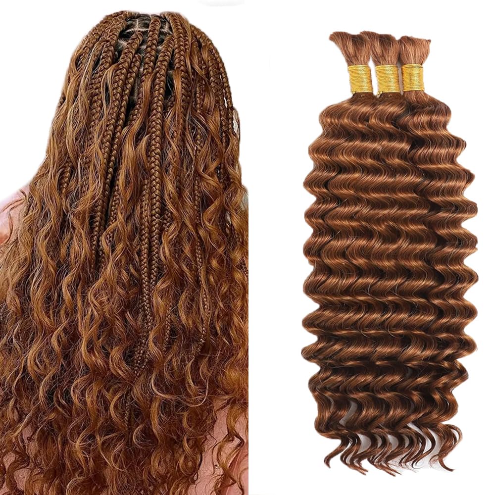 Photo 1 of #30 Brown Human Braiding Hair Deep Wave Bulk 20 20 20 Inch Human Hair Weave 3 Bundle Unprocessed Brazilian Virgin Hair Light Brown Deep Curly Braiding Hair Extensions 50 Grams/Bundle