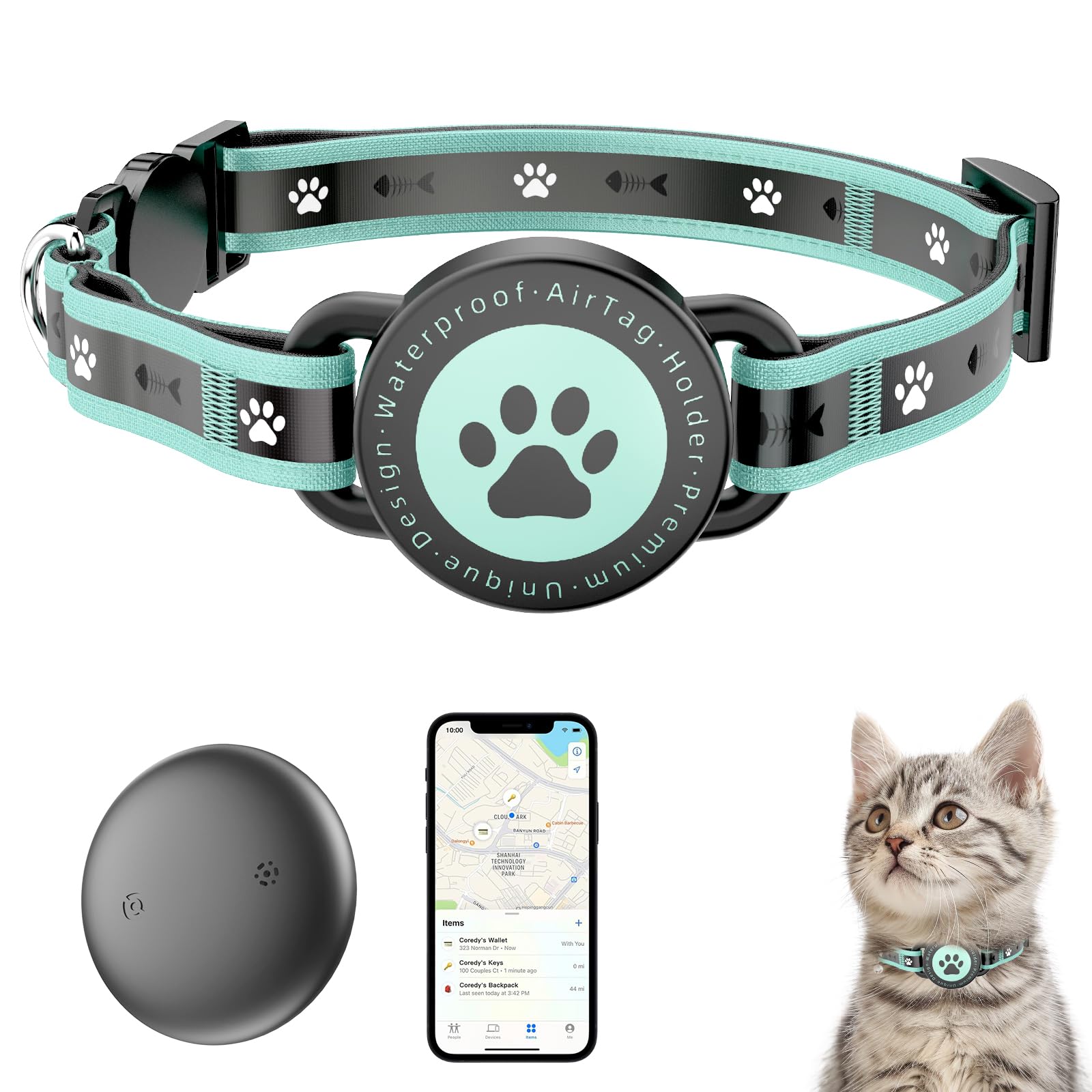 GPS Cat Tracker Collar(iOS & Android), Bluetooth Mini GPS Dog Tracker, Smart Pet Activity Tracker, No Monthly Fee, Work with Apple Find My & Google Find Hub, Finder Tag for Pets,Items Green 1 Pack