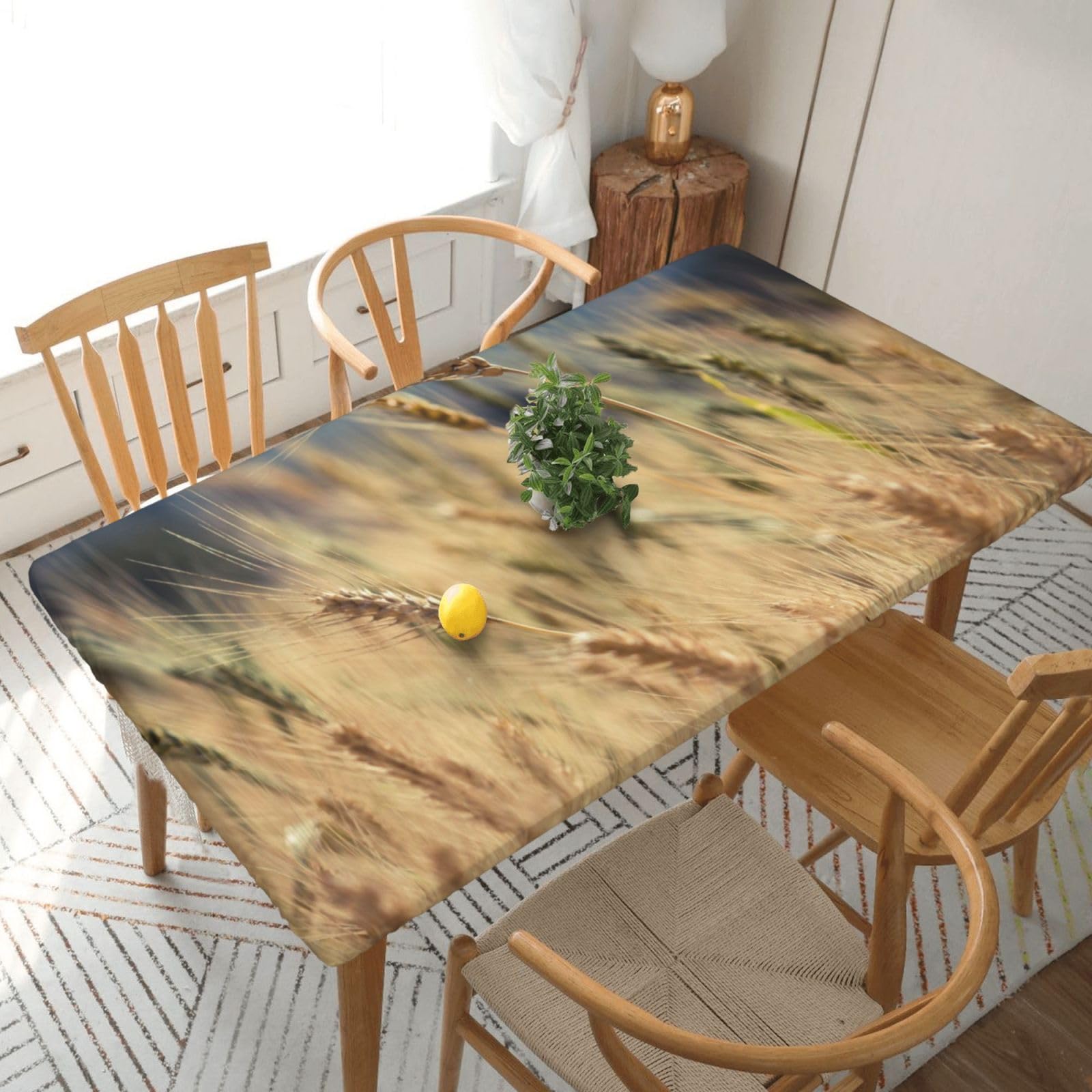 DCEHGEW Elastic Fitted Rectangle Tablecloth for 5ft Tables, Wheat Printed Oilproof & Washable Fabric Picnic Table Cloth Table Covers
