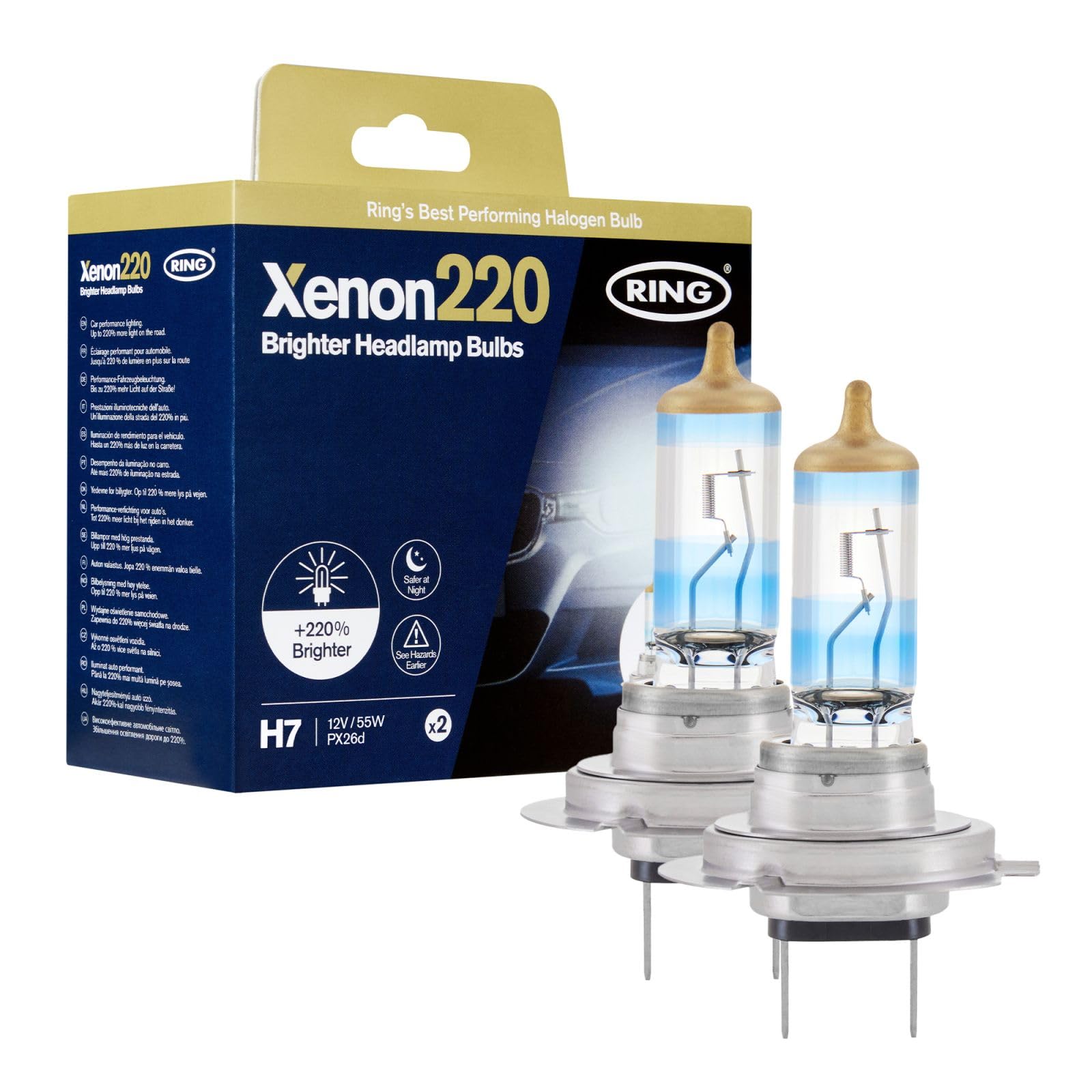 Ring Xenon220 (H7) Headlamp Bulbs (Pair), +220% Brighter, Whiter, E-Marked