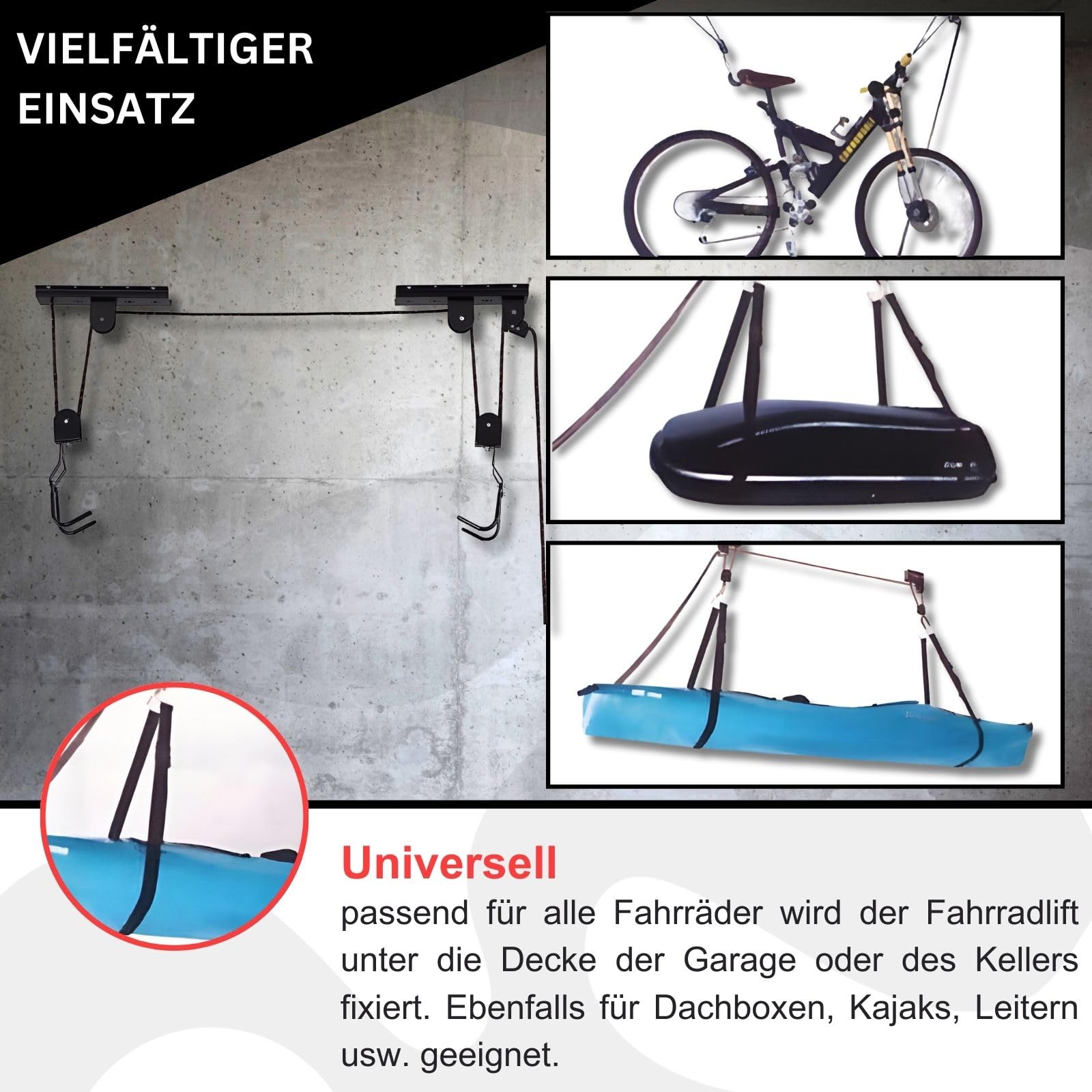 Fahrradlift Plus Support de plafond pour vélo électrique – Idéal pour les coffres de toit, kayaks – Ascenseur de vélo jusqu'à 57 kg – Efficace et sûr pour plus d'ordre dans le garage ou la cave