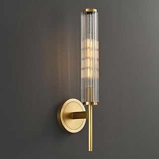 Antique Brass Wall Sconce,Bathroom Wall Light with Grooved Glass Tube Shade