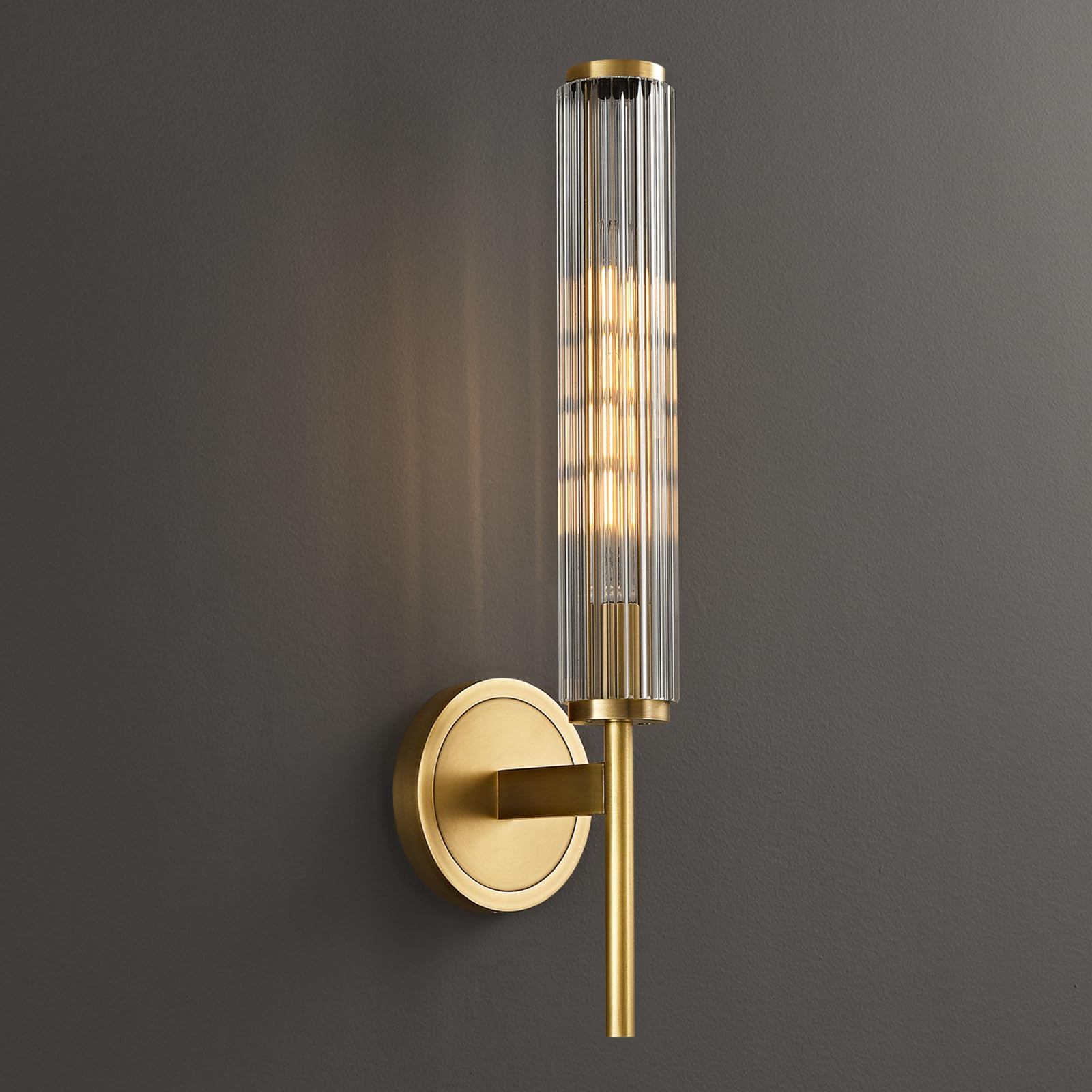 Photo 1 of fansimone 18.9" Solid Brass Wall Sconce with Ribbed Groove Glass Tube - Gold Wall lamp Includes Bulbs - Modern Brushed Copper Wall Sconces for Bathroom, Living Room, Hallway, Staircase, Mirror