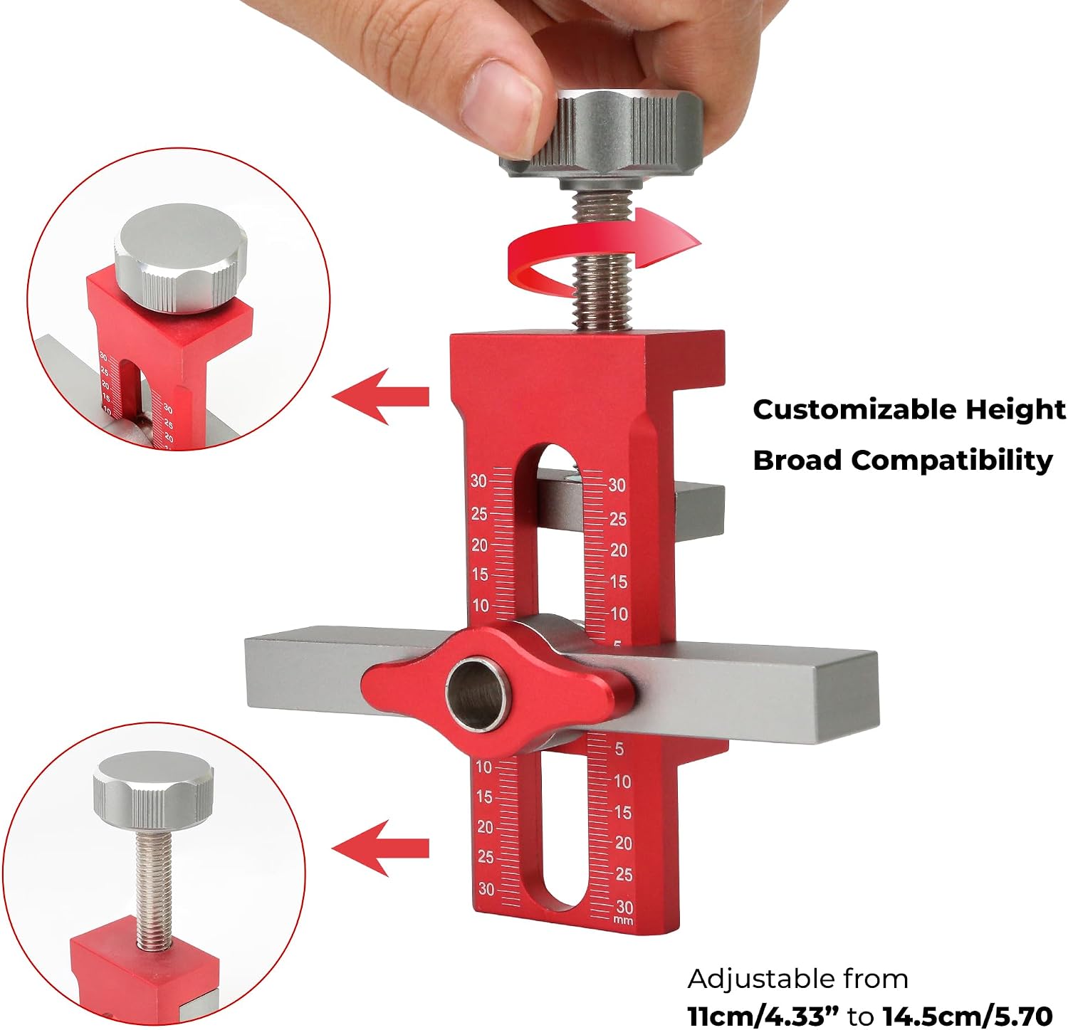 2-in-1 Cabinet Door Handle Mounting Jig Positioning Tool for Installing Cabinets, Adjustable Aluminium Alloy Hinge Installation Positioner, 3 Drill Bits, Heavy Duty Versatile Hardware Tools, Red