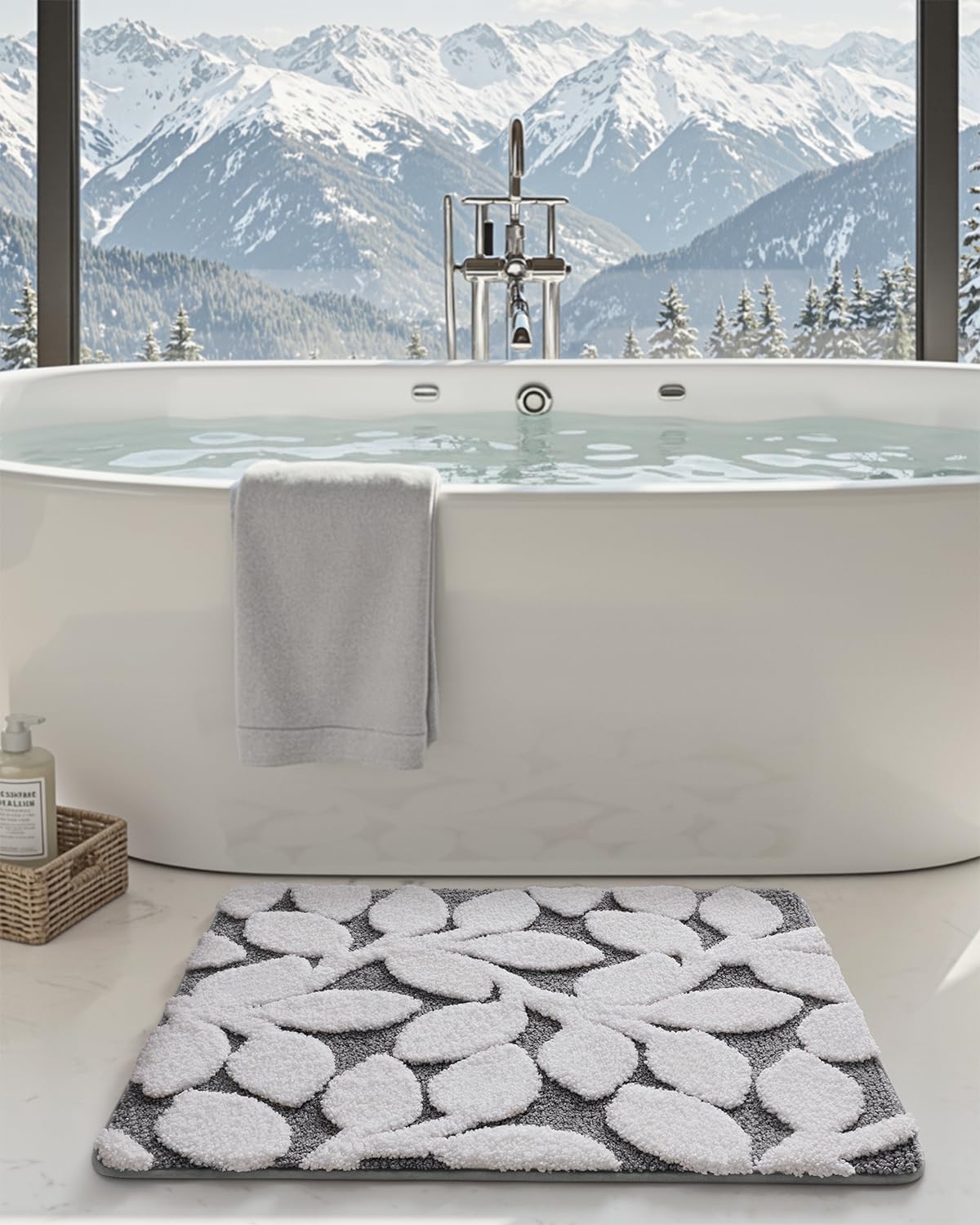 DEXI Bathroom Rugs 24x36, Boho White Leaf Bath Mat, Non Slip Washable Absorbent Quick Dry Bath Rugs, Extra Soft Plush Microfiber Bathmat for Shower Floor, Tub, Sink, Gray