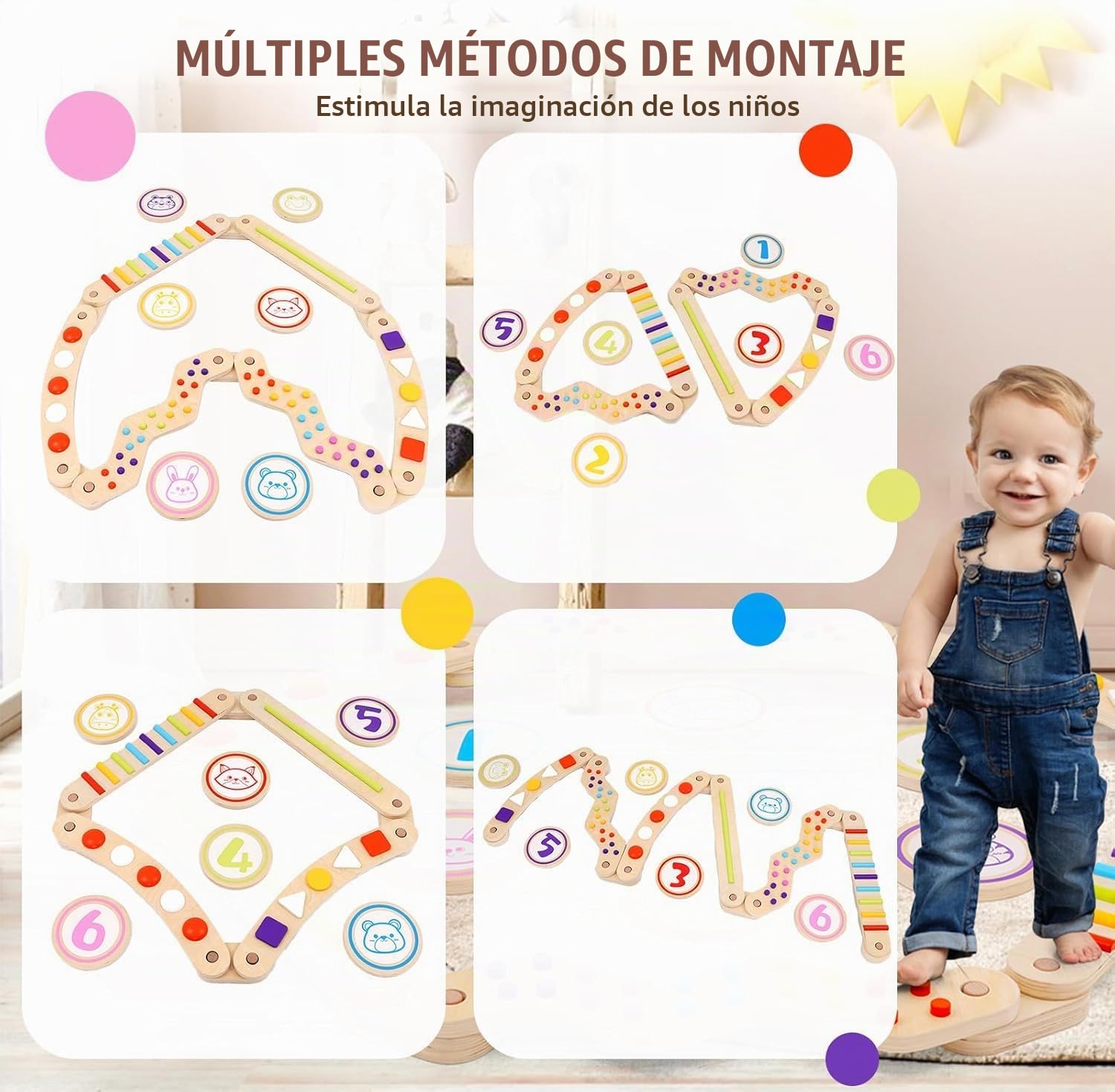 Tabla de Equilibrio de Madera para Niños, Parque Infantil Montessori de Interior, Tabla de Equilibrio de Madera para Exteriores, Coordinación y Estabilidad para Niños de 3 a 7 Años