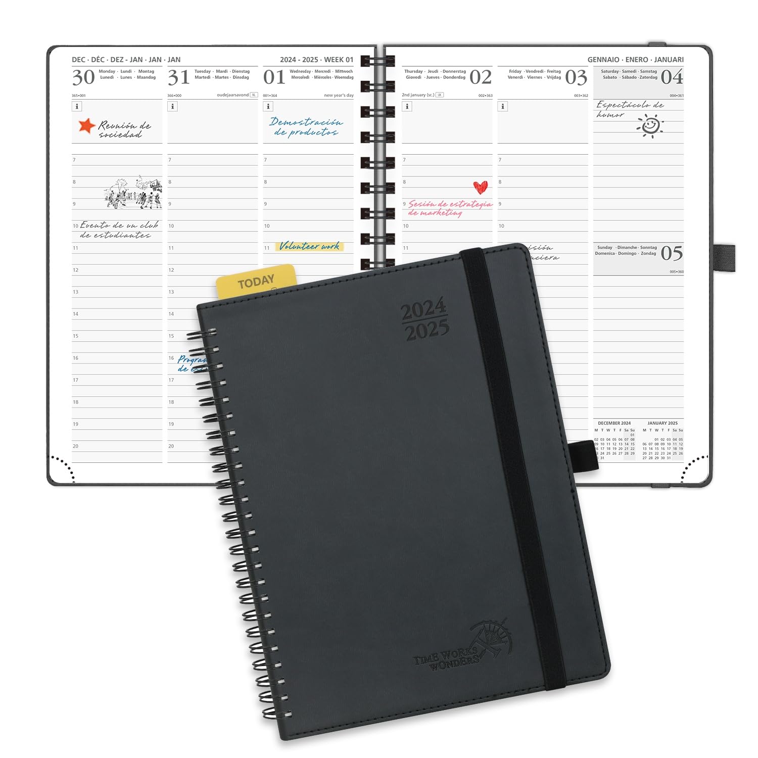 POPRUN Agenda 2024 2025 Semana Vista 22 x 16,5 cm, Agenda Semanal 17 Meses de Ago.2024 a Dic.2025, Planificador en Espiral, Tapa Blanda, 80 GSM Papel Certificado, Negro