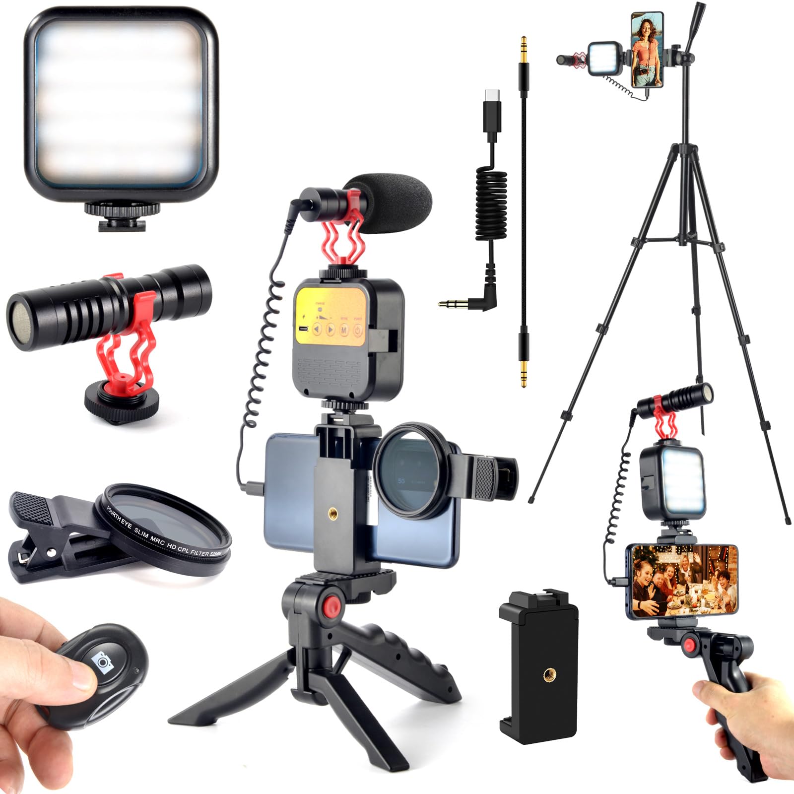 YouTube Starter Kit,Vlogging Kit for iPhone 15 Android Phone,Content Creator Kit for Blogger Vlogging Camera Kit with MicrophoneLED lightCPL lensRemote Control