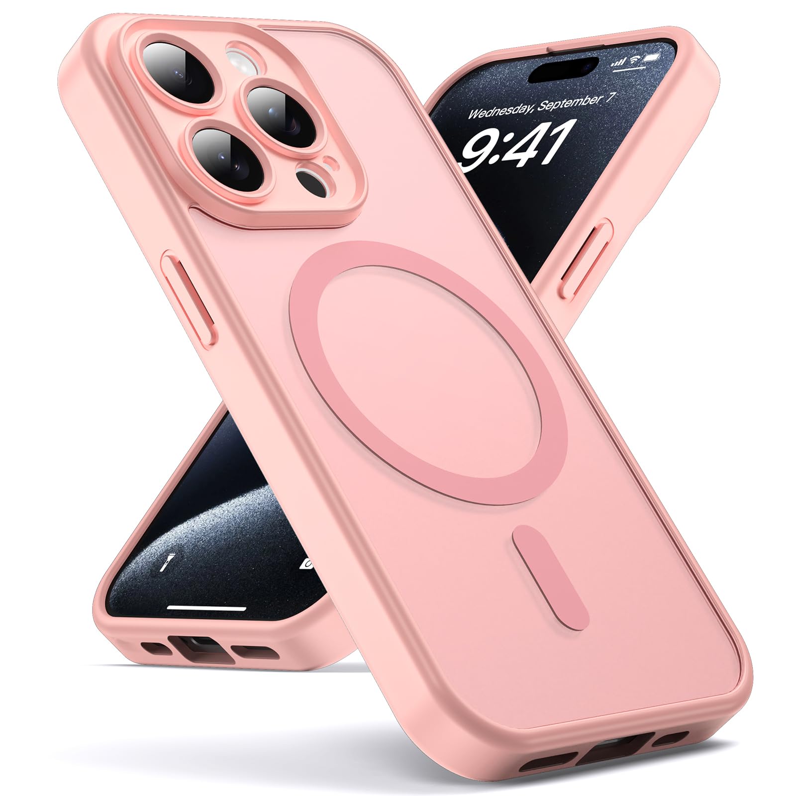 for iPhone 15pro case, MagSafe Compatible, Camera Protection, Magnetic Translucent Matte Film case, Military Grade Protection (Light Pink)