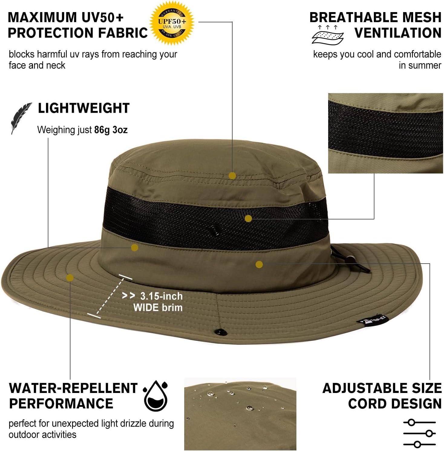 Oversized XL XXL Mens Waterproof UPF50+ Golf Bucket Sun Hats Big Head Boonie Safari Wide Brim Fishing - Image 7
