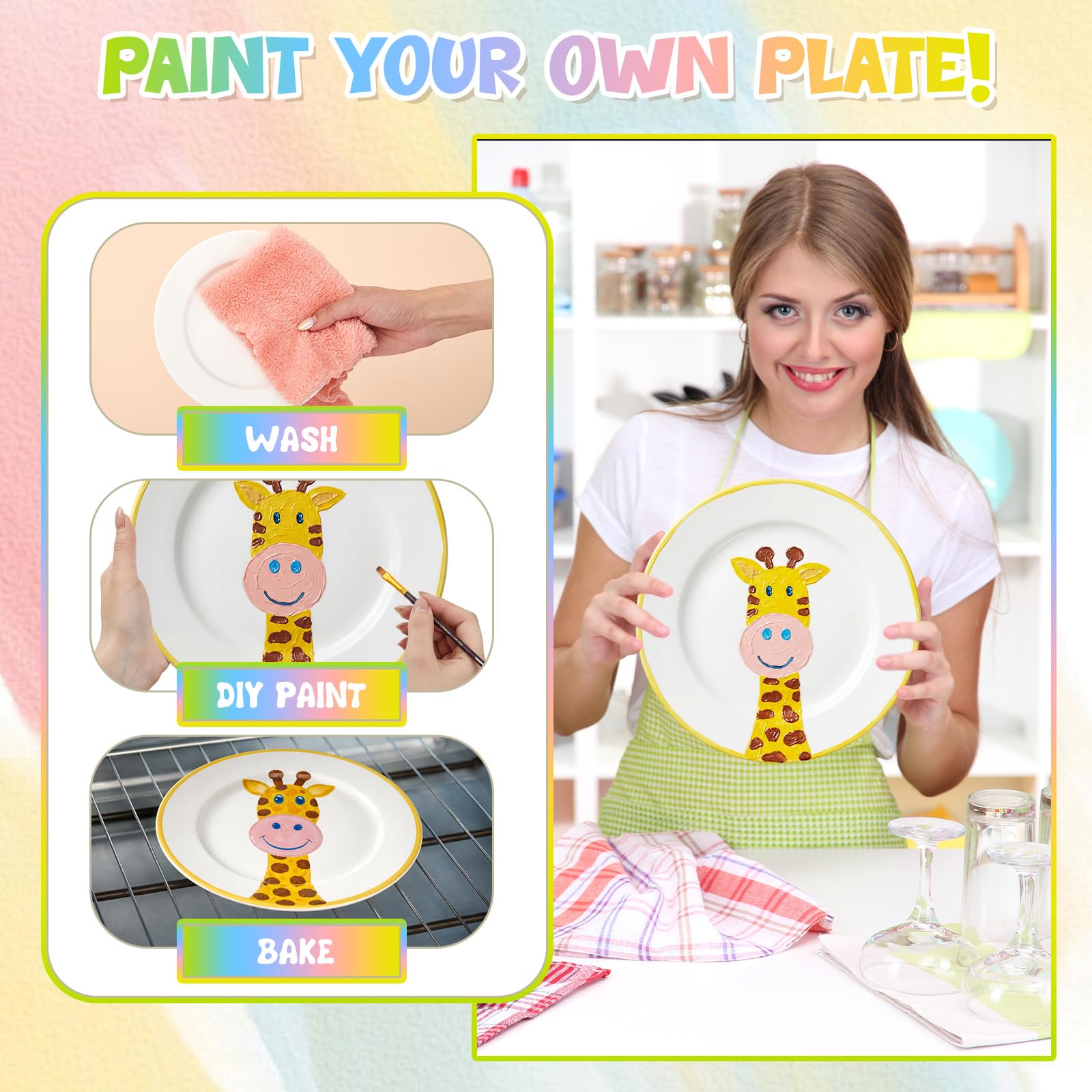 Sinmoe Kit para Pintar Tus Propios Platos de Cerámica Incluye 4 Platos de Porcelana 3 Pinceles 12 Pinturas Acrílicas 1 Caja de Regalo 1 Paleta para Pintar DIY(10 Pulgadas,Eco-chic,4 Piezas)