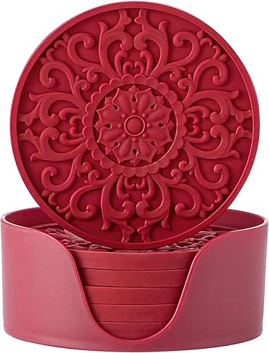 Miniatura 15 de Colinda Juego de 6 posavasos de silicona con soporte, alfombrillas antideslizantes para bebidas frías y calientes, diseños decorativos, embalaje