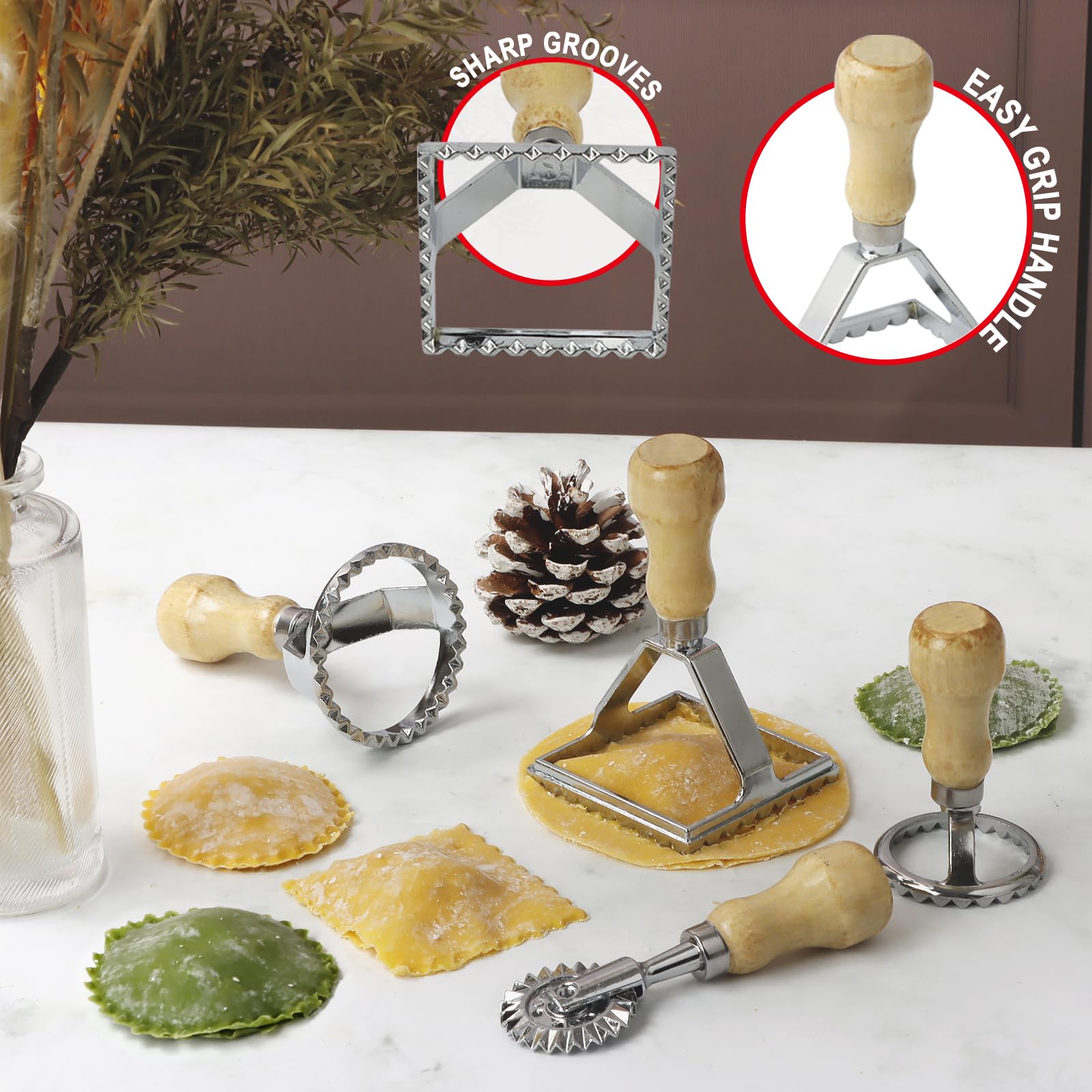 Ravioli Stamp Maker Cutter with Roller Wheel Set, Large Size Aluminum Press with Wooden Handle and Fluted Edge, Ravioli Maker Stamp for Ravioli, Pasta, Dumplings Lasagna, Pierogi, Set of 4