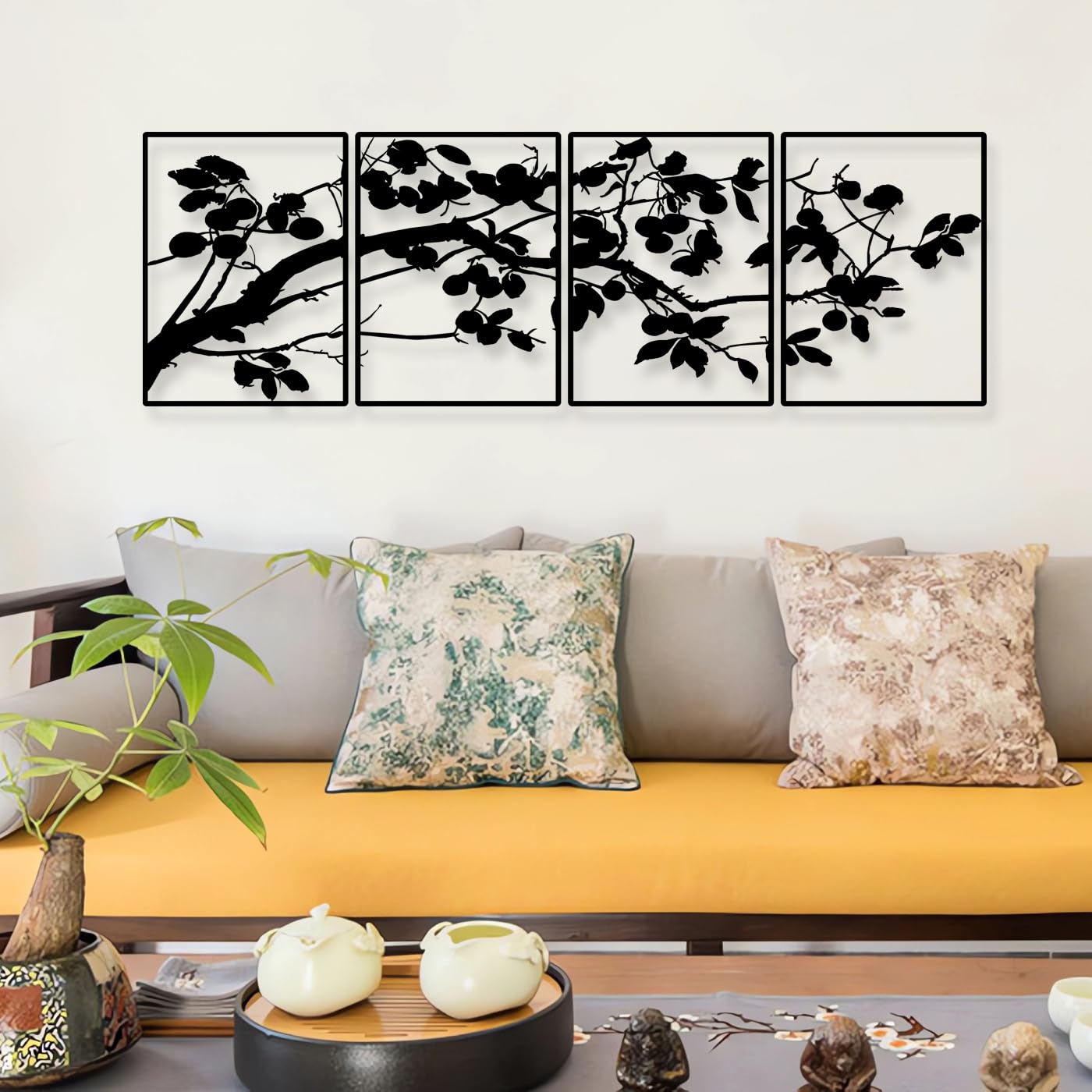 Pduoduo Decoración de pared de metal con ramas de árbol negro, decoración moderna de pared de ramas de metal, letrero colgante de árbol, escultura de metal para decoración de pared, paquete de 4