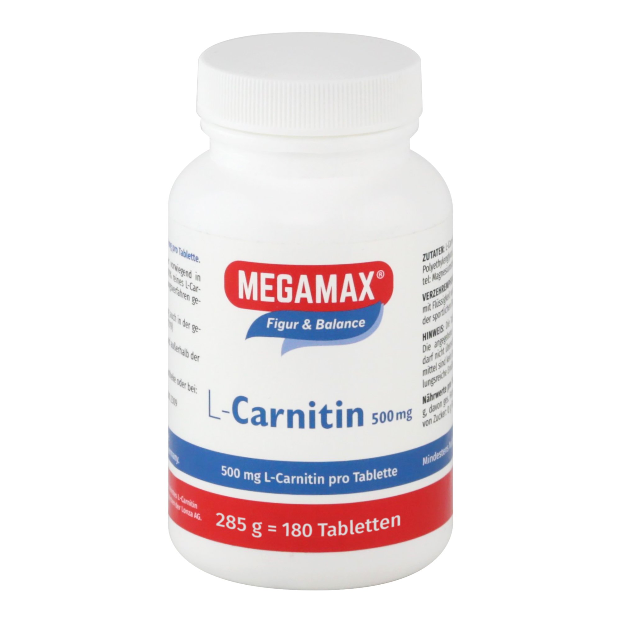 Megamax L-Carnitin 500 mg Tabletten – 180 Stück – mit Carnipure® – hochwertige L-Carnitin Nahrungsergänzung