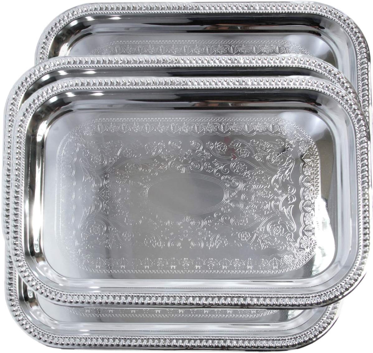 20.7-Inch x 14-Inch Oblong Rectangular Trim Floral Pattern Engraved Catering Chrome Plated Serving Plate Mirror Tray Platter Multi-Purpose Party Art Deco (Silver-Large) T156L-4PK