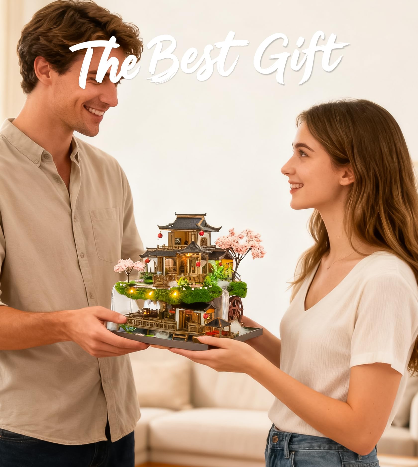 Roroom Miniatur Haus, Sakura Garten Puppenhaus aus Holz | mit warmem LED-Licht und Musikbox, 3D Holzpuzzle Bastelset für Zimmer Deko, kreatives Geschenk für Bastelfans