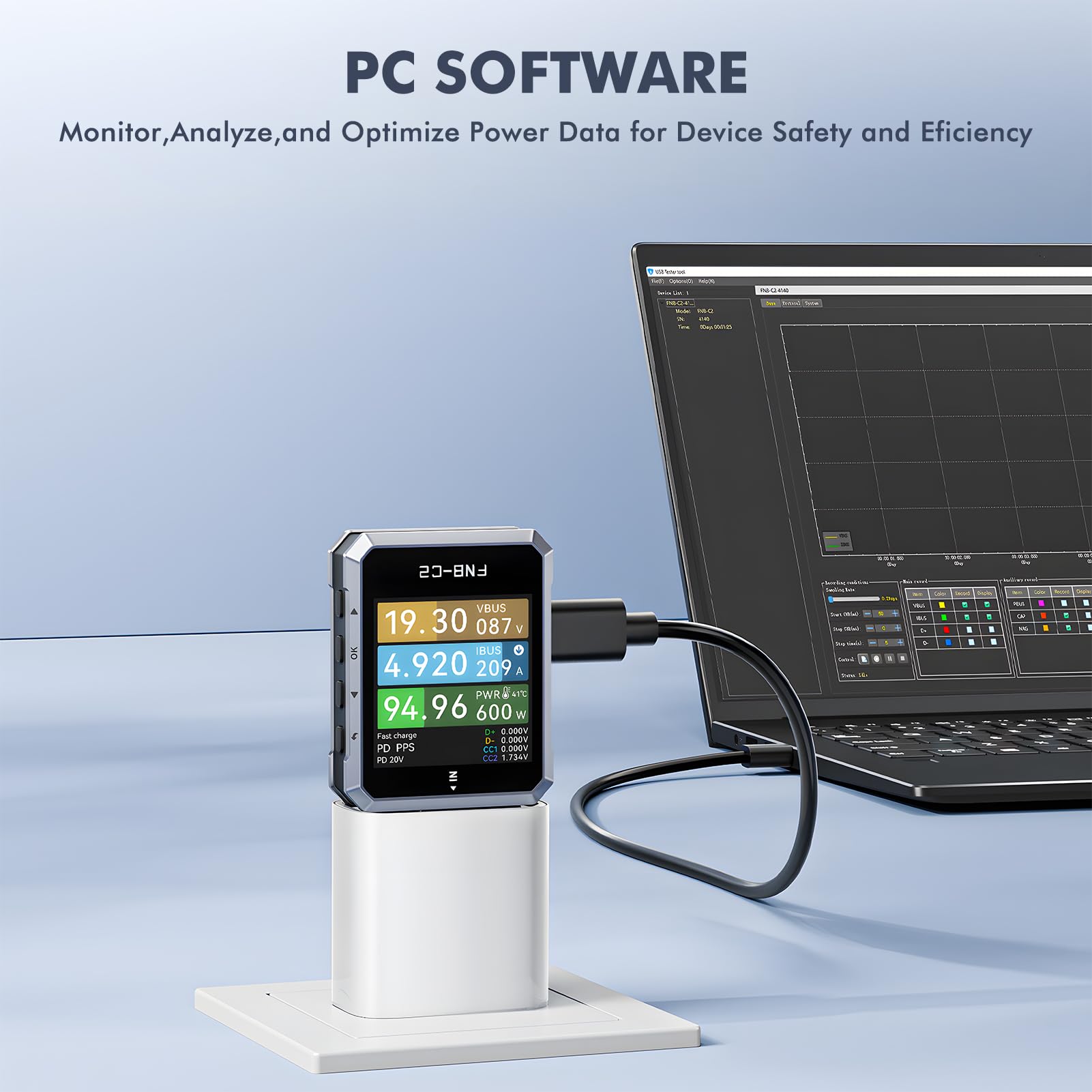 Tester USB FNB-C2, tester di ricarica rapida USB-C, 4-50 V, 6,5 A, amperometro digitale, voltmetro, misuratore di tensione e corrente, supporta PD3.1