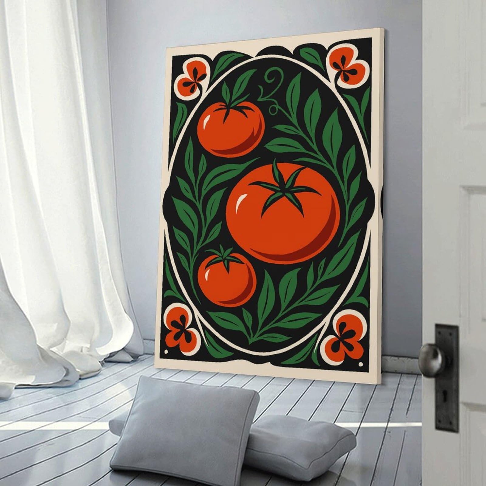 Junmoney Tomato And Floral Art Nouveau Illustration Hanging Wall Art 24x36inch(60x90cm), for Work Areas, Reading Rooms Or Studios, Canvas Wall Decor for Creative Rooms
