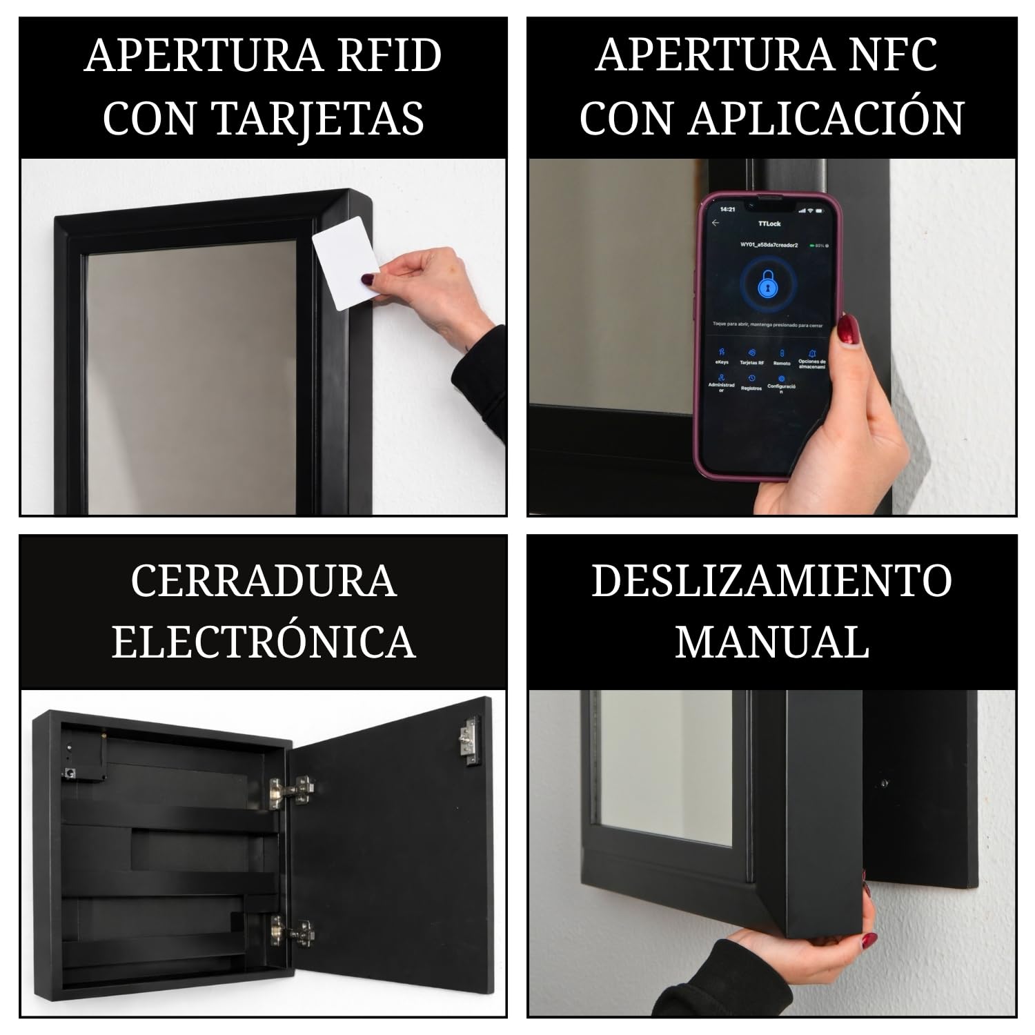 Espejo Negro con Compartimento Secreto y Doble Fondo Oculto | Caja Fuerte camuflada con Cerradura NFC/RFID | Mueble de Seguridad para Joyas, Dinero y Documentos | Montado
